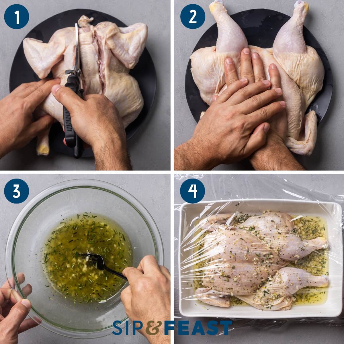 Recipe process shot collage group one showing cutting the backbone out of the chicken, flattening the chicken, whisking marinade, and pouring marinade over the chicken.