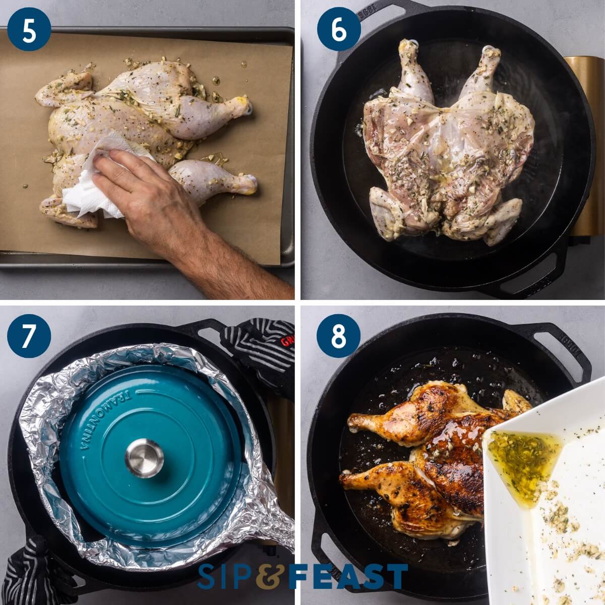 Collage two showing patting chicken dry of residual moisture, pan searing the chicken breast side down with weighted pan on top, and pouring the marinade over the chicken.