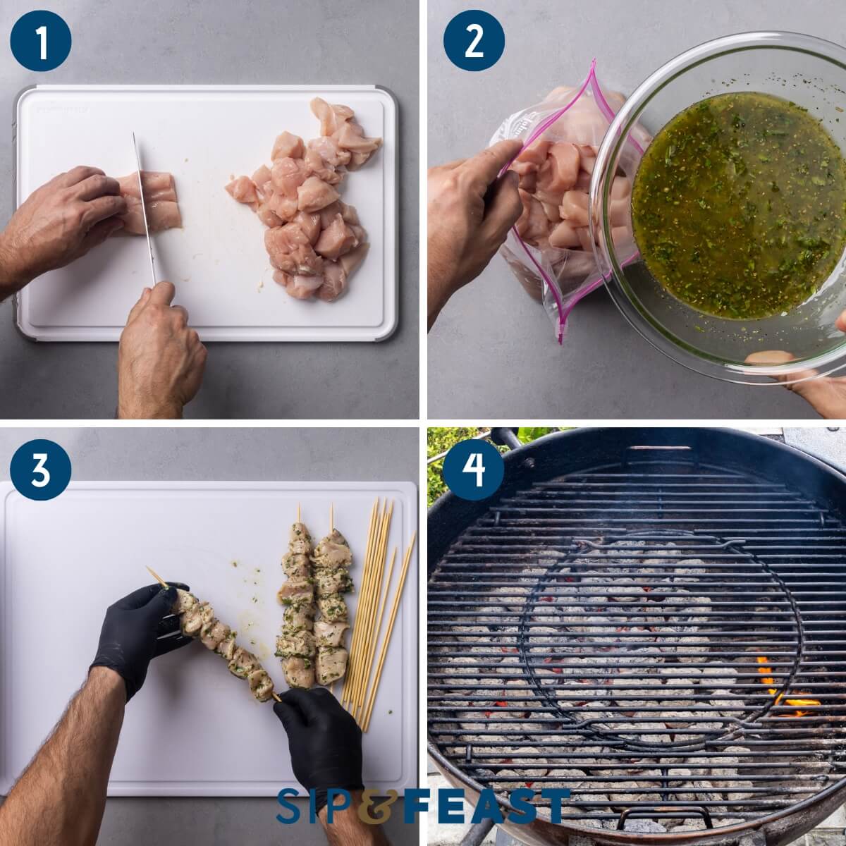 Recipe process shot collage group one showing cubing the chicken breasts, marinating the chicken, skewering the chicken, and setting up the grill.