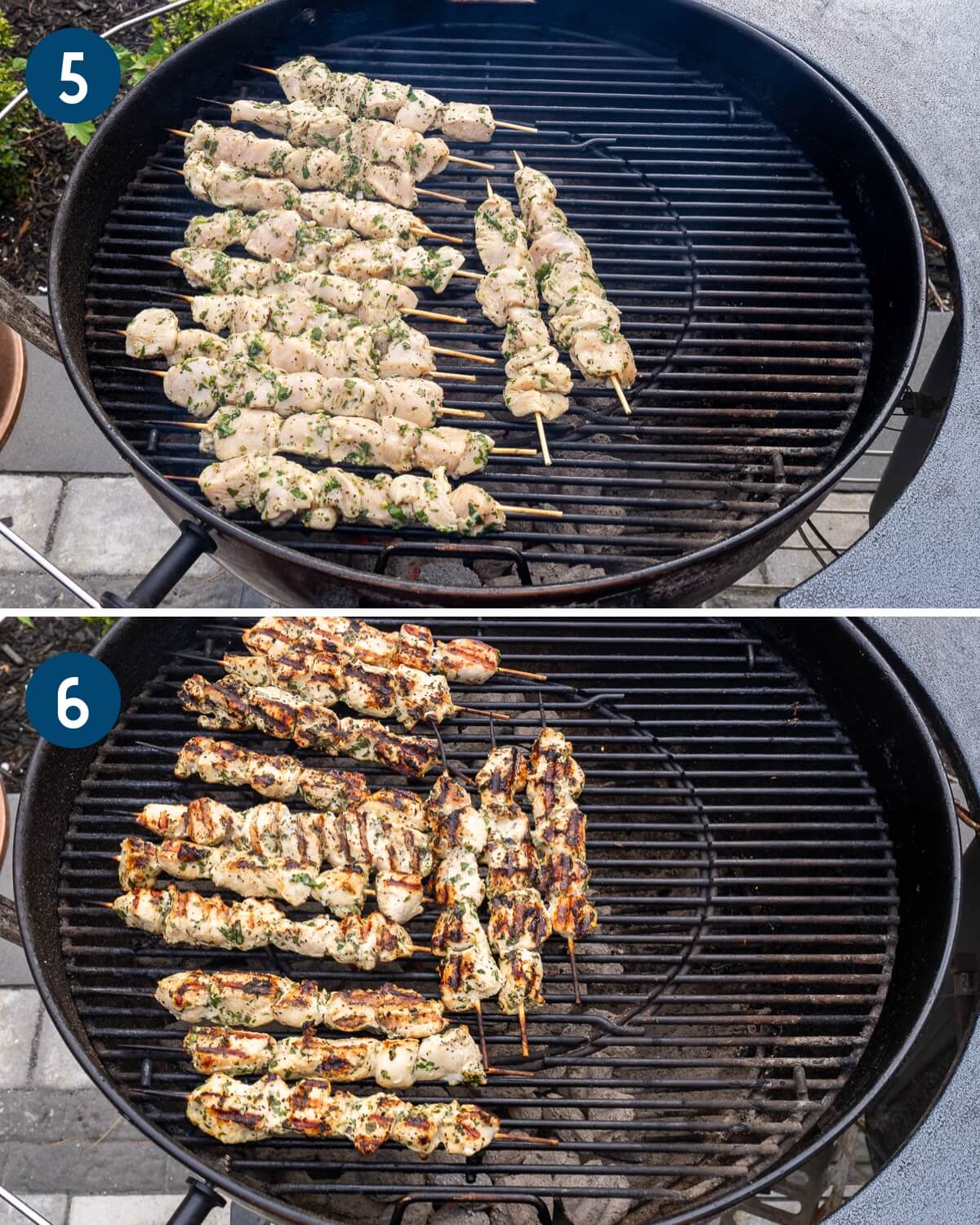 Collage two showing grilling the chicken spiedies.