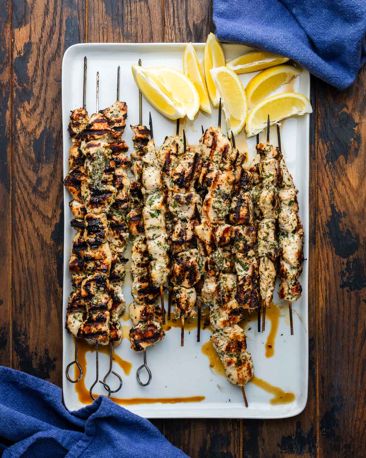 Large platter with grilled chicken spiedies.