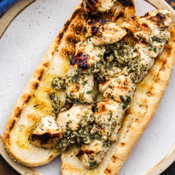 Chicken spiedies on grilled hoagie.