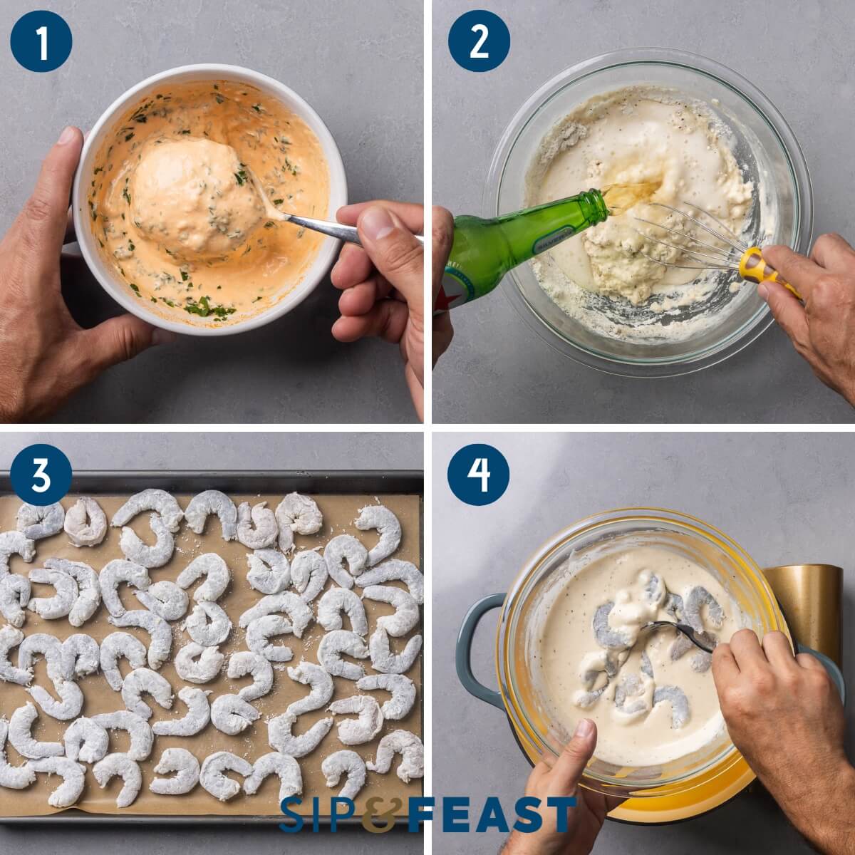 Recipe process shot collage group one showing making the dipping sauce, mixing the batter, dredging the shrimp in cornstarch, and mixing the shrimp into the batter.