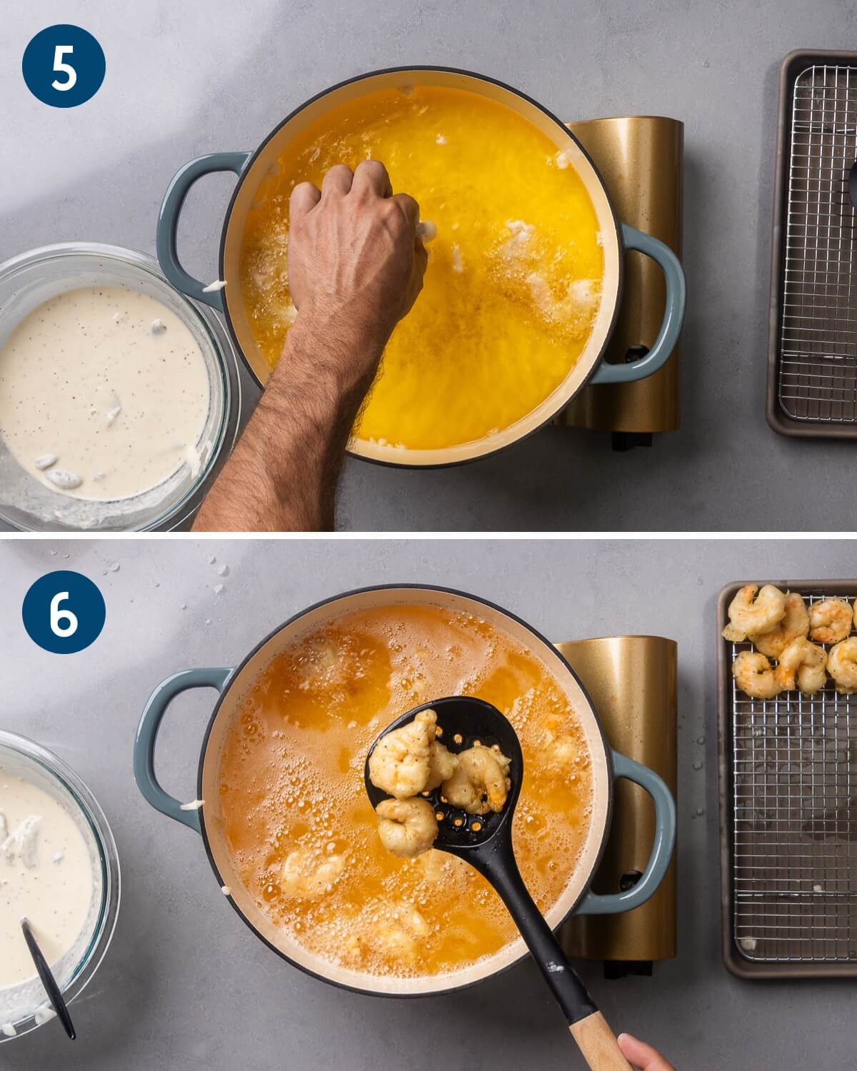 Collage two showing gently swirling the shrimp into the oil and using a strainer to remove the fried shrimp.