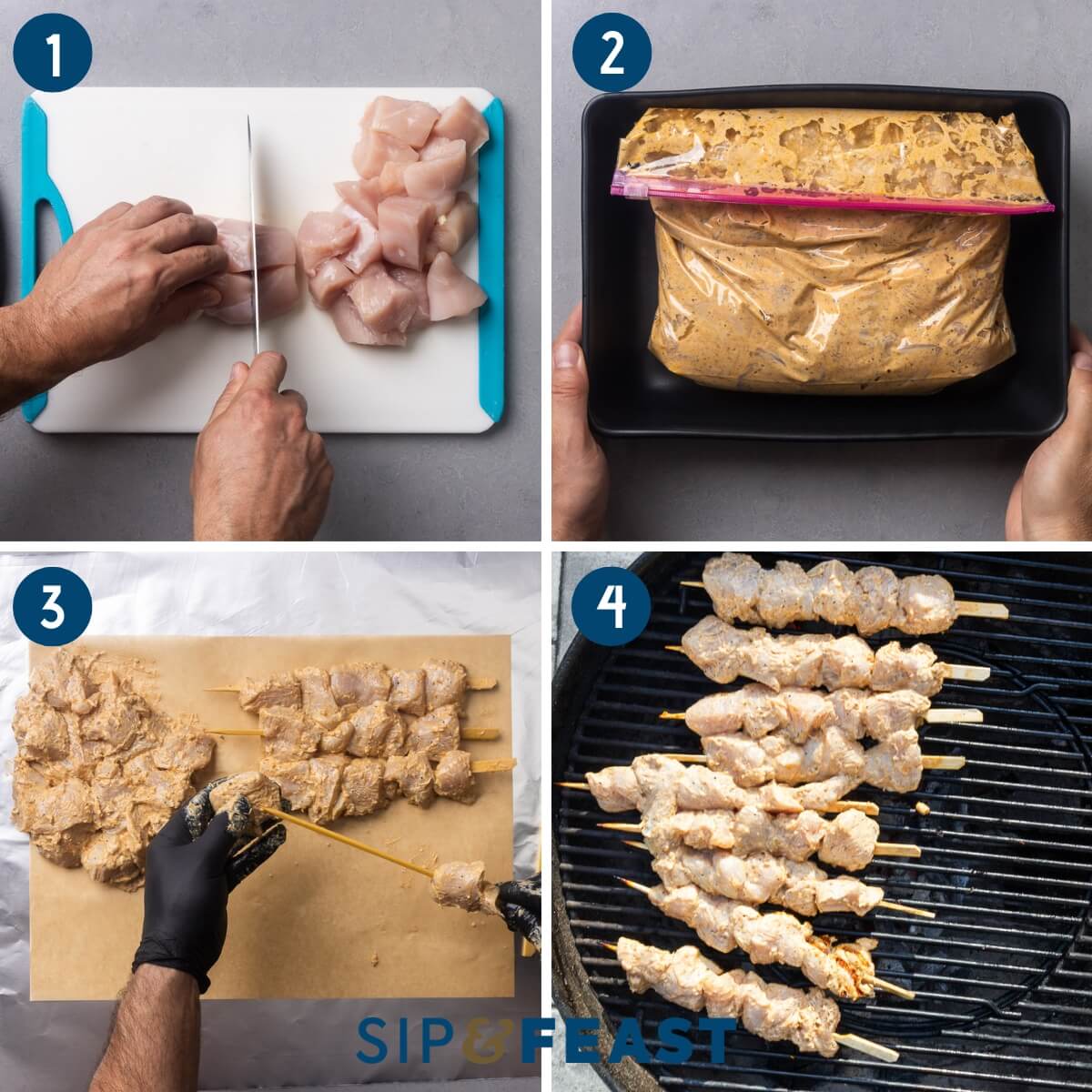 Recipe process shot collage group one showing cutting the chicken breasts into chunks, marinating the chicken, skewering the chicken, and grilling the chicken.