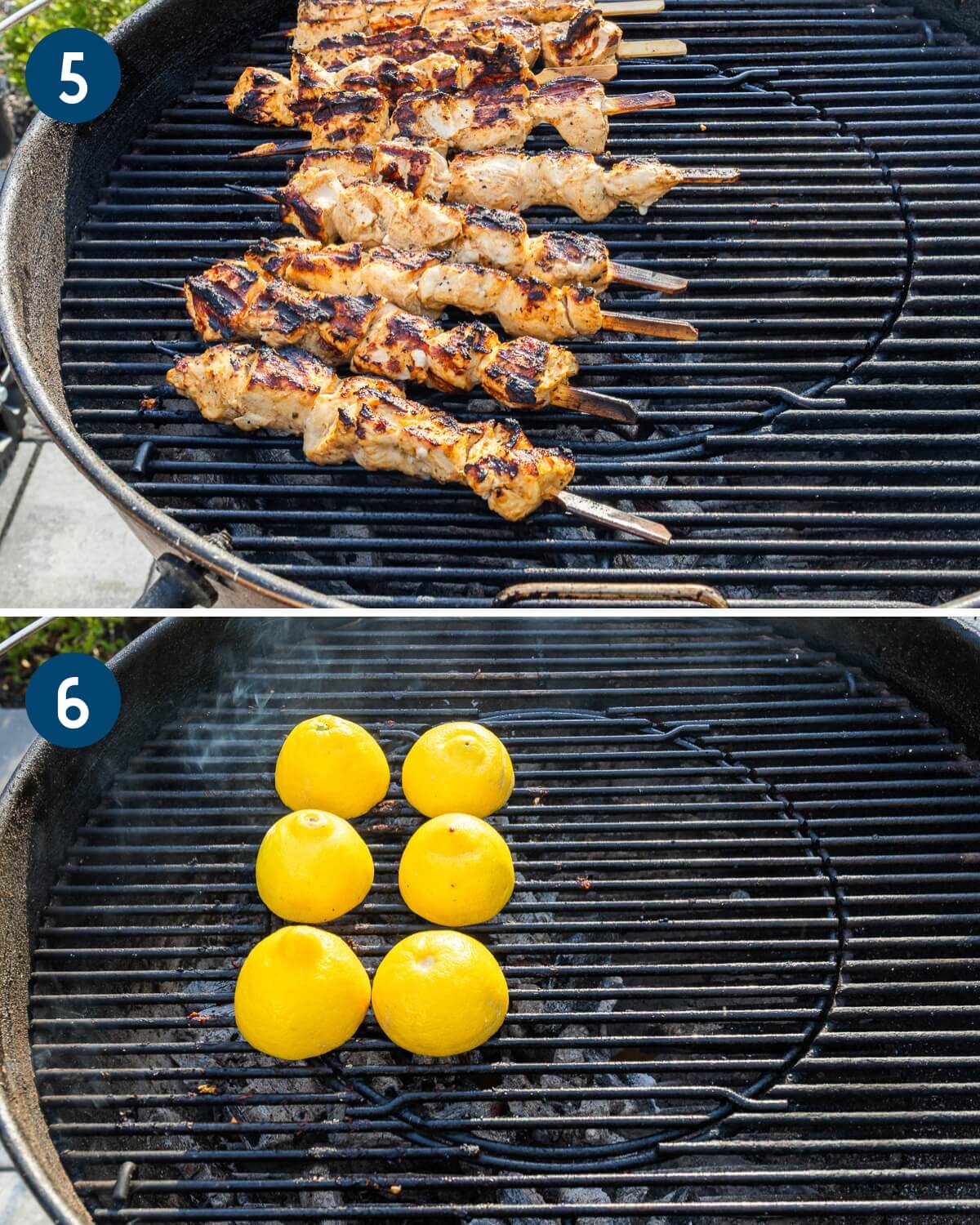 Collage two showing the grilled chicken kebabs and grilling the lemons.