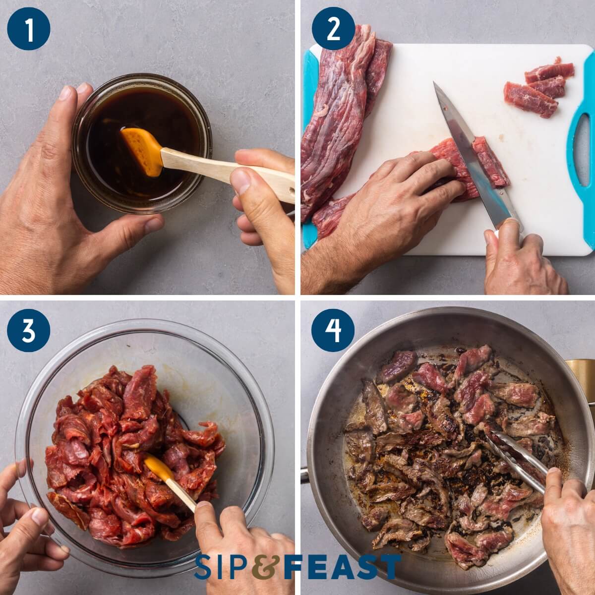 Recipe process shot collage group one showing mixing the sauce, slicing the flank steak, marinating the beef, and searing the beef.