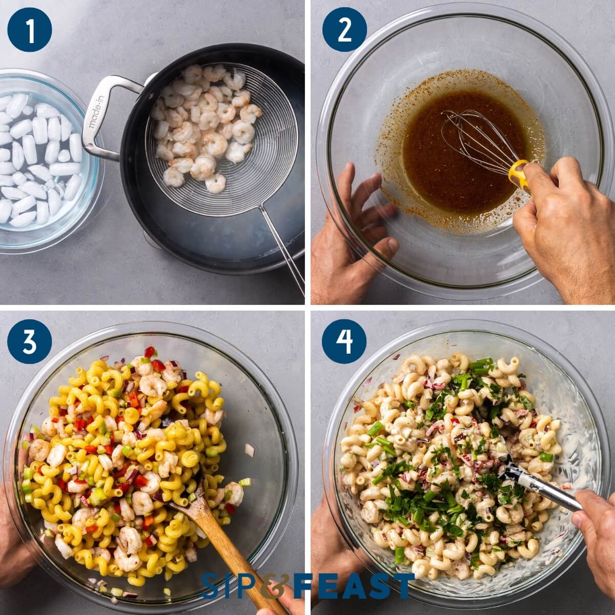 Recipe process shot collage showing cooking and shocking the shrimp, mixing the brine, adding the macaroni and shrimp to the brine, and mixing the mayo and green onion into the salad.