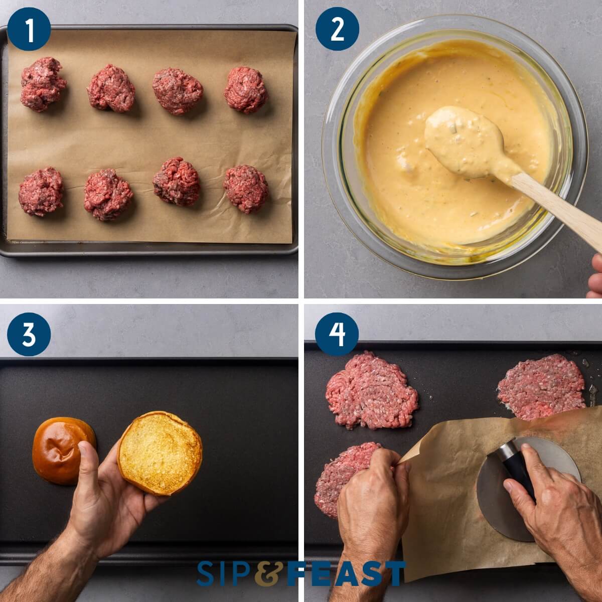 Recipe process shot collage group one showing the divided meat balls, the sauce, toasting the buns, and smashing the burger balls.