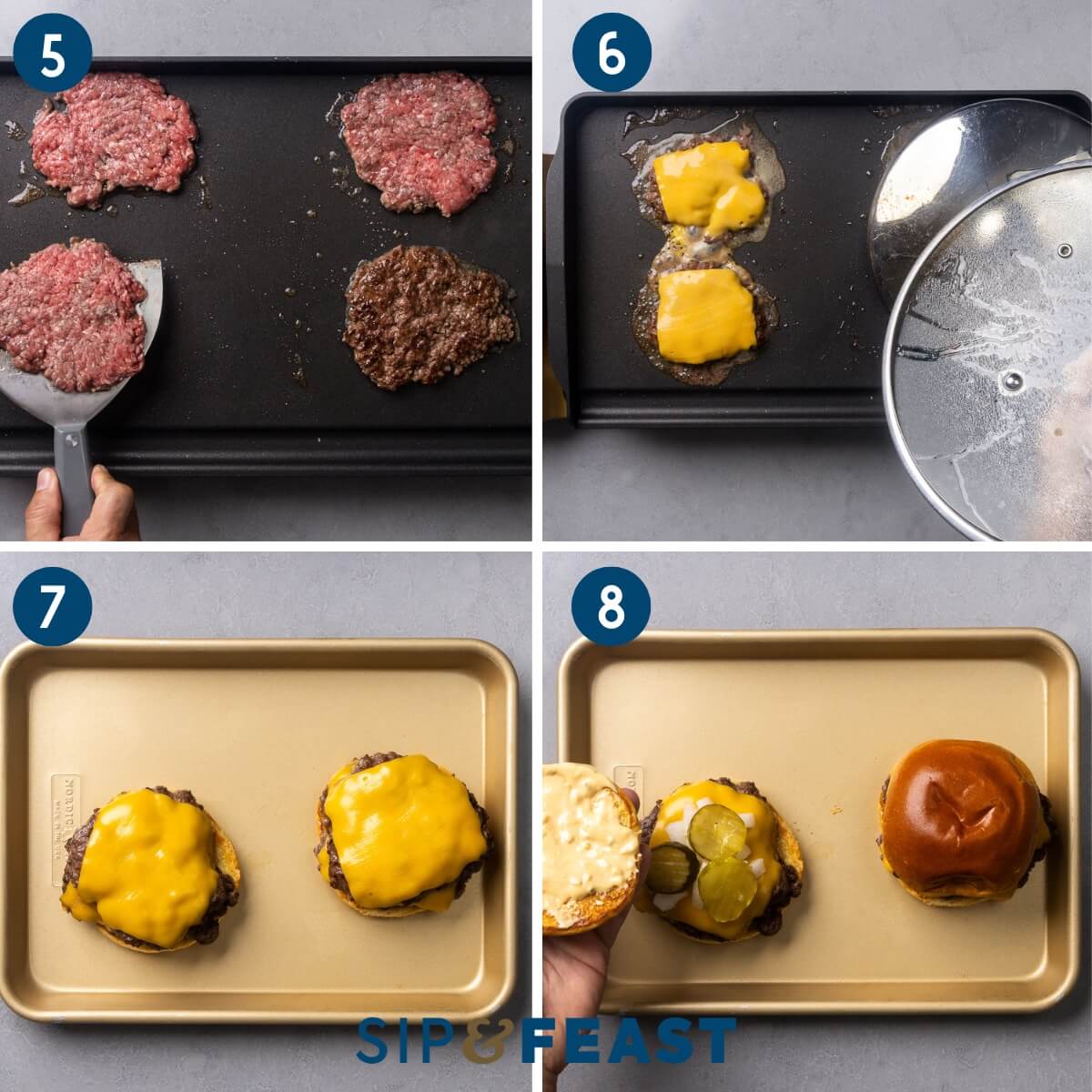 Collage two showing flipping the patties, melting the cheese, placing the burgers on the bun, and topping with onion, pickles, and smash burger sauce.