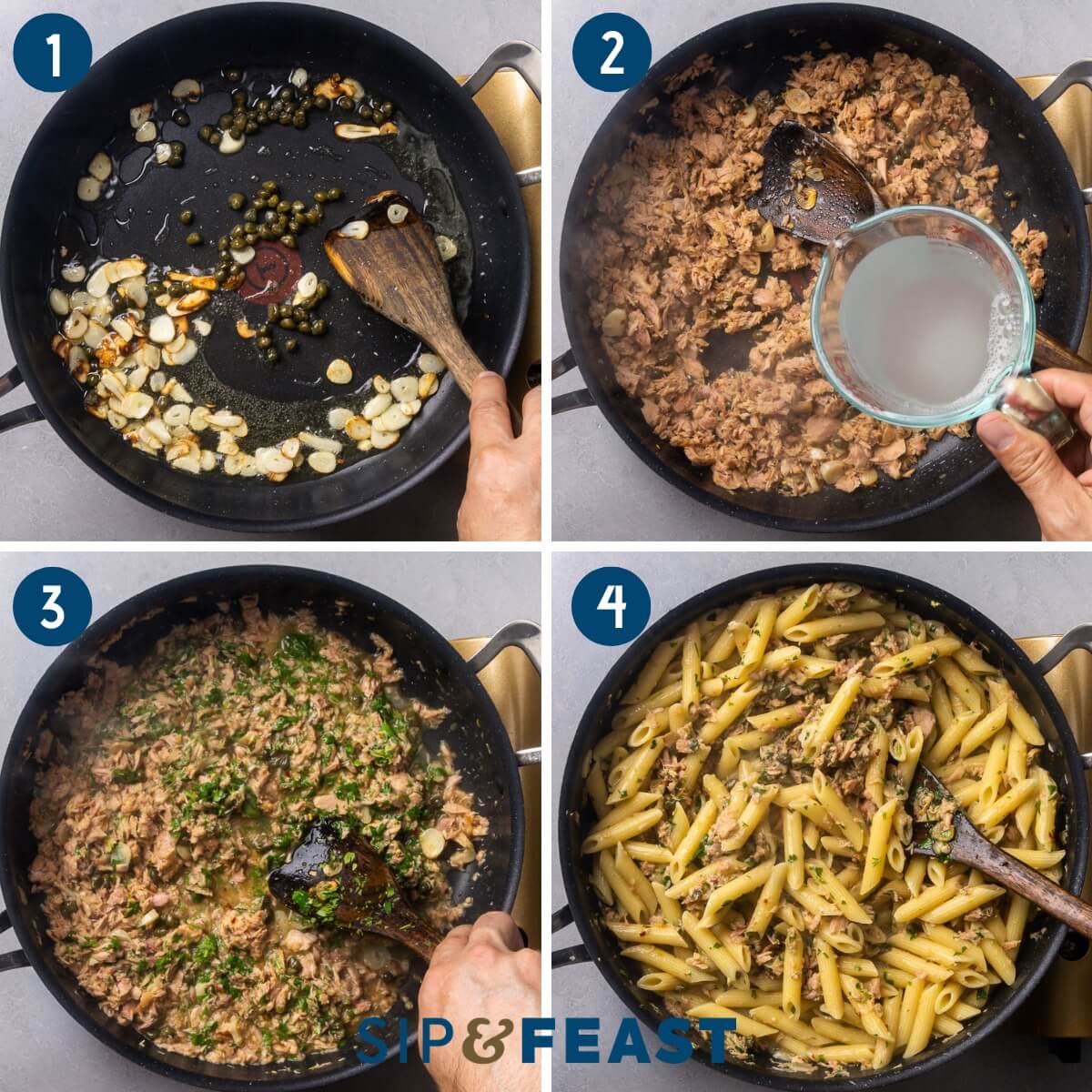 Recipe process shot collage showing sauteing the garlic and capers, adding the tuna and pasta water, mixing in the parsley and simmering, and finishing the pasta in the white tuna sauce.
