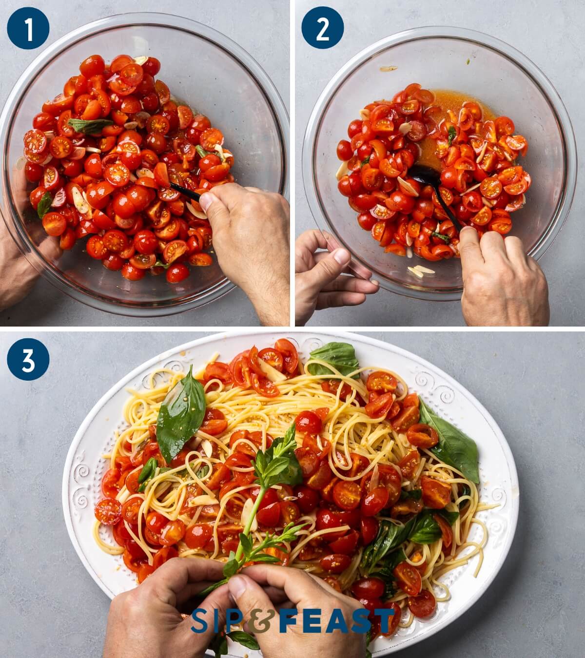 Recipe process shot collage showing macerating the cherry tomatoes, showing the sauce after 1 hour, and garnishing the pasta with fresh basil.