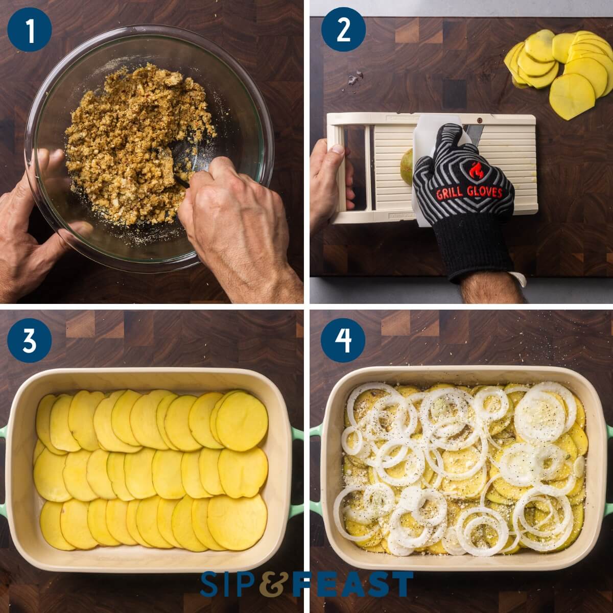 Recipe process shot collage group one showing mixing the seasoned breadcrumbs, slicing the potatoes, layering the potatoes in a baking dish, and topping with onions, cheese, and oregano.