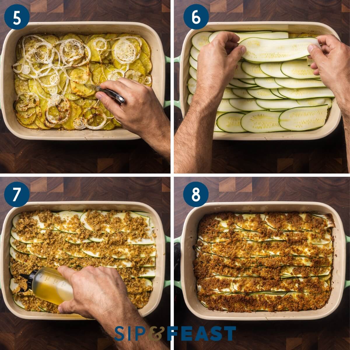 Collage two showing checking potatoes for doneness, layering the zucchini, topping with breadcrumbs and drizzling with olive oil, and the finished dish.
