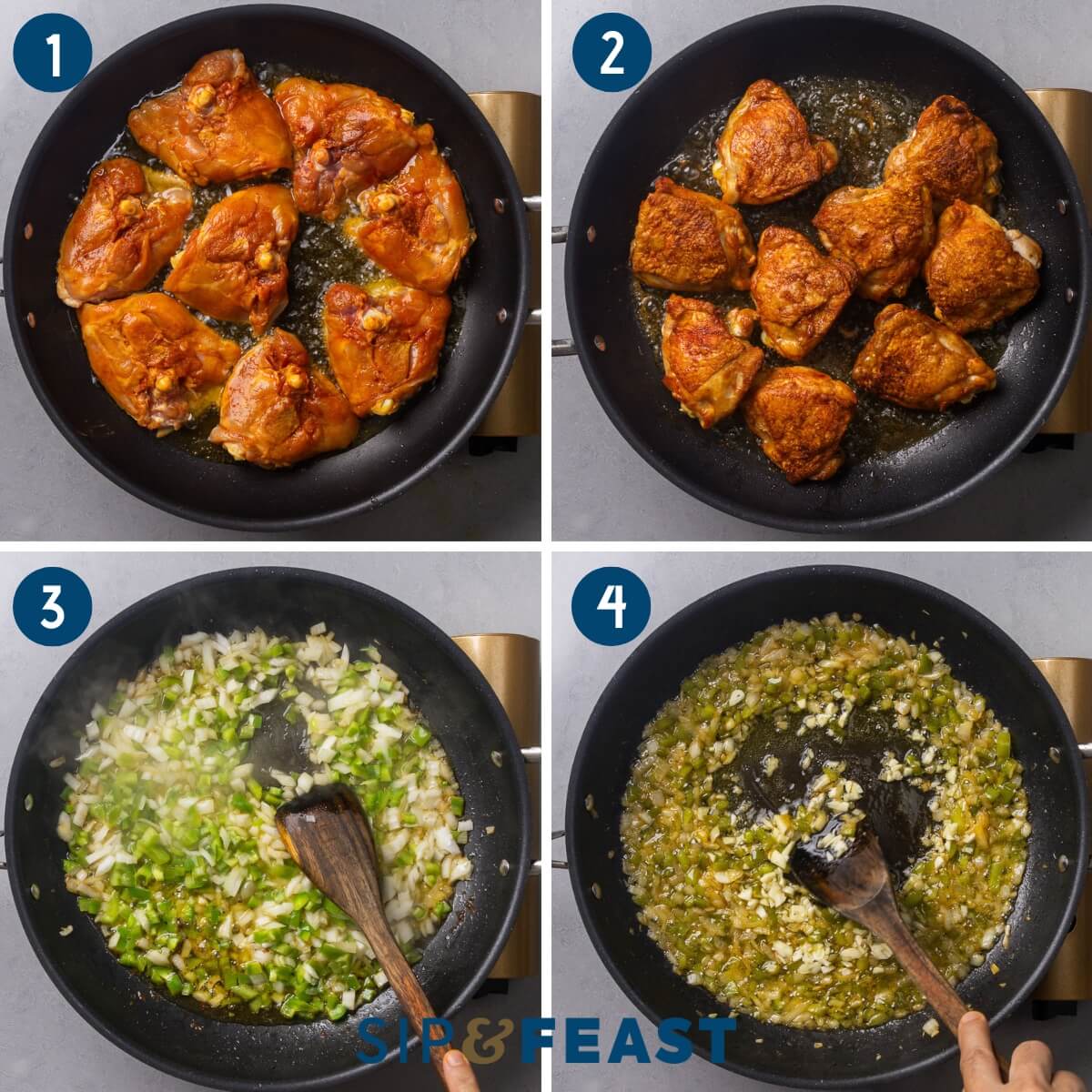Recipe process shot collage group one showing searing the chicken thighs and making the sofrito.