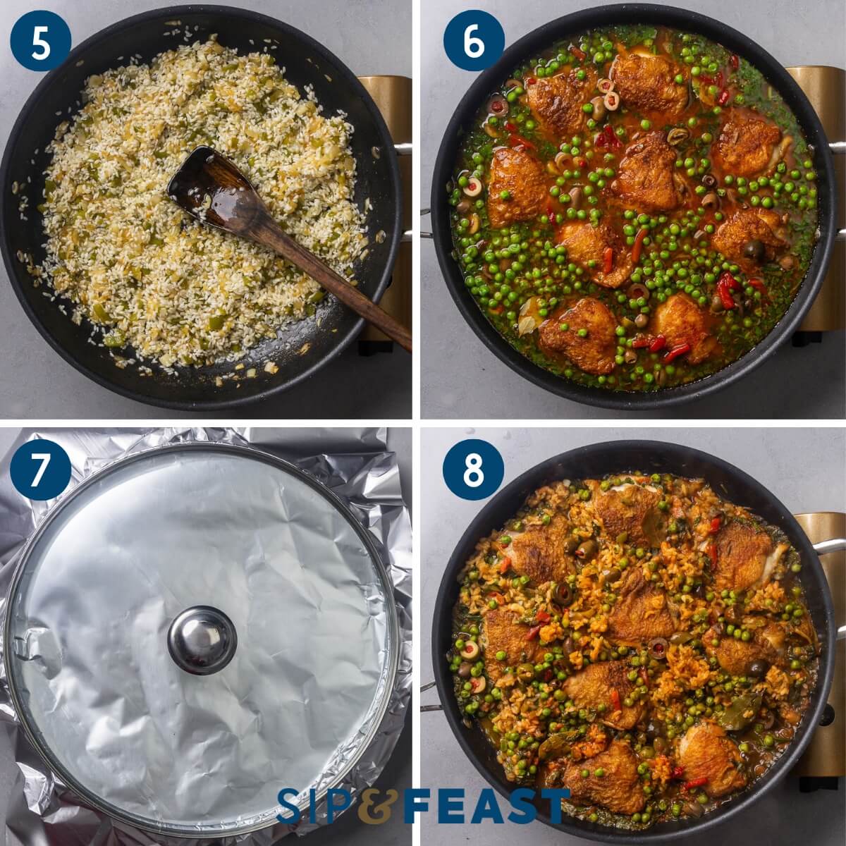 Collage two showing toasting the rice, simmering the chicken, covering the pan, and crisping the rice for the socarrat or el pegao.