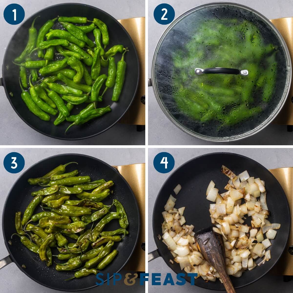 Recipe process shot collage group one showing sauteing the shishito peppers and sauteing onions.