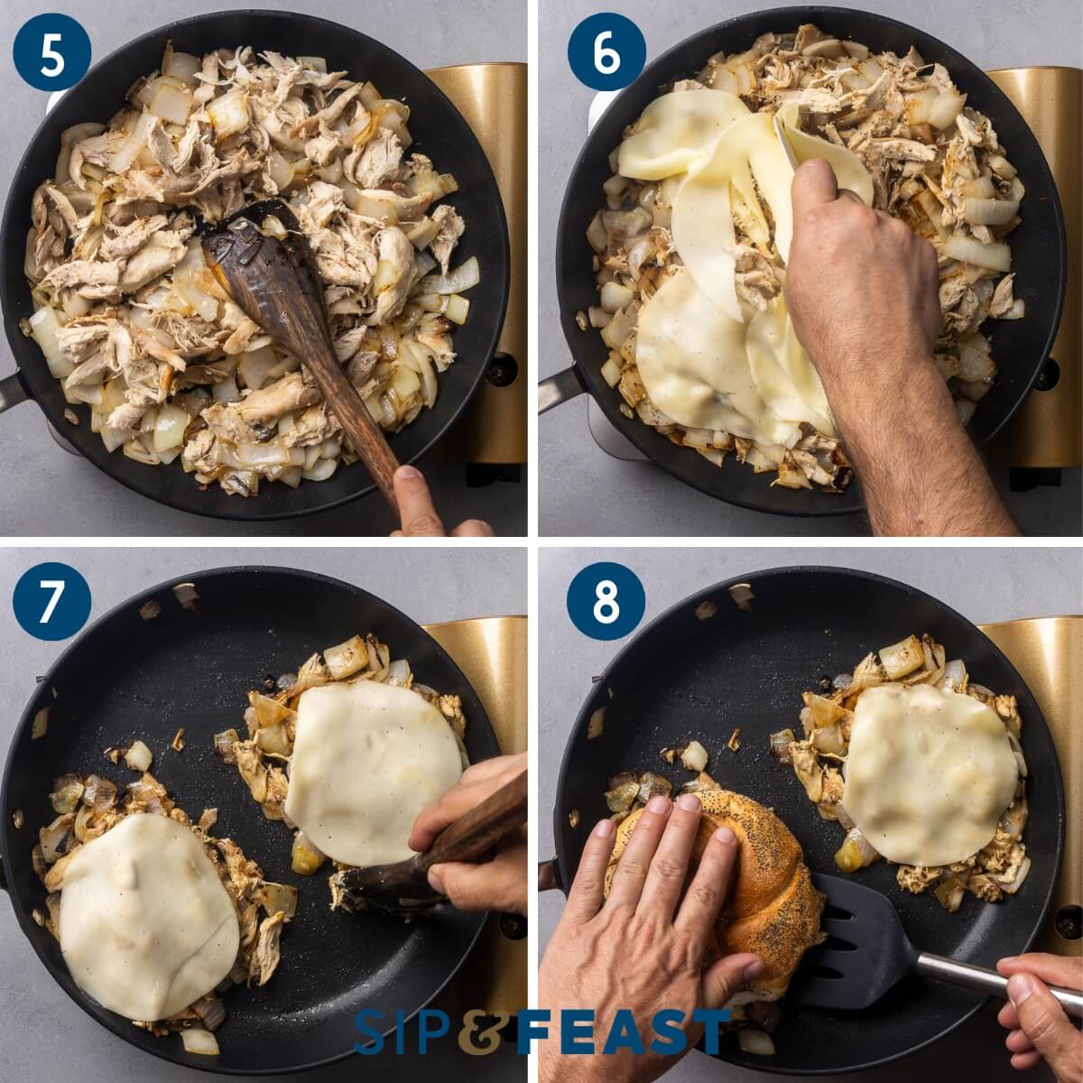 Collage two showing adding the rotisserie chicken to the pan, chopping the cheese, seperating into sections for sandwiches and placing the chicken on the rolls.