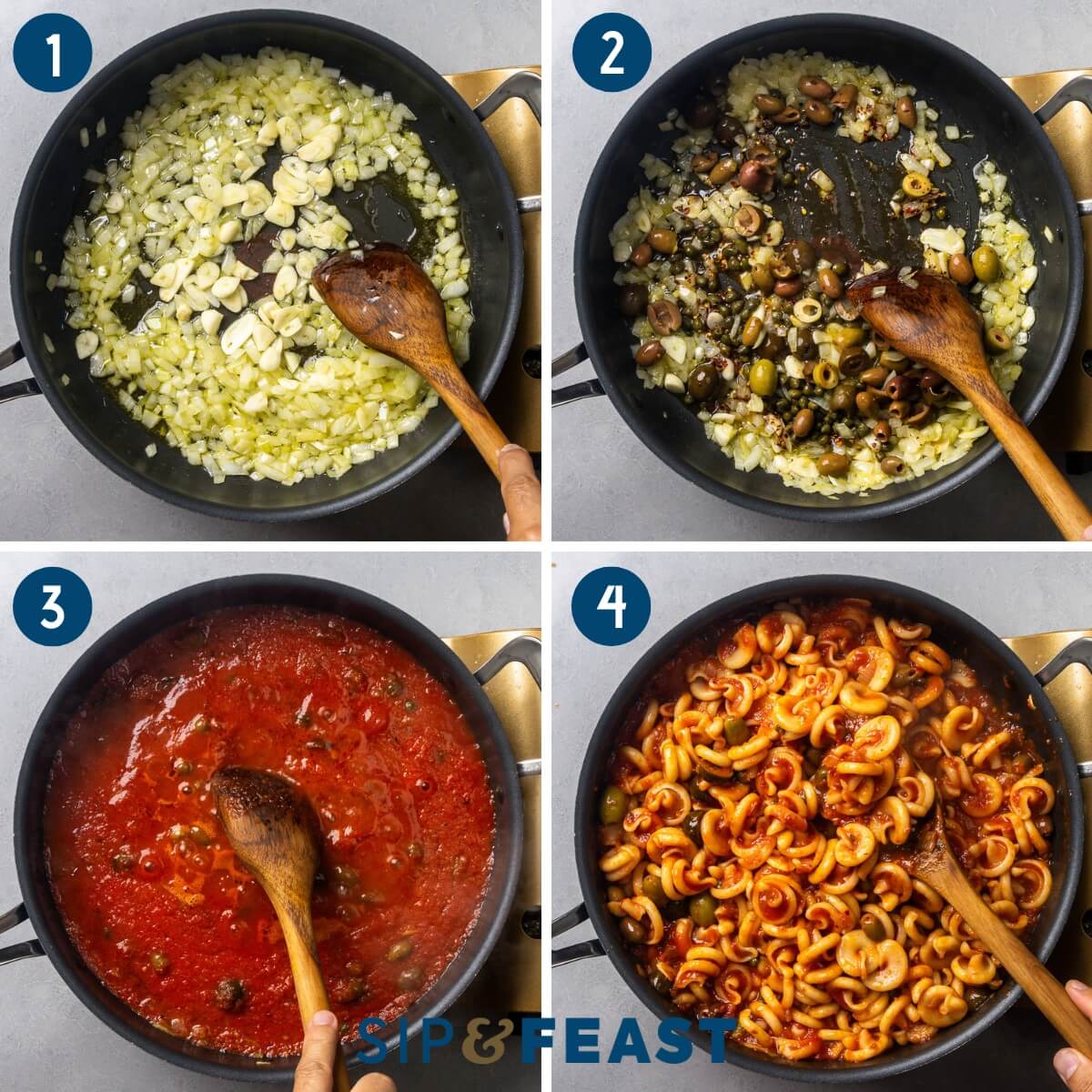 Recipe process shot collage group one showing sauteing the onions and garlic, addid the capers and olives, simmering the sauce, and finishing the pasta in the sauce.