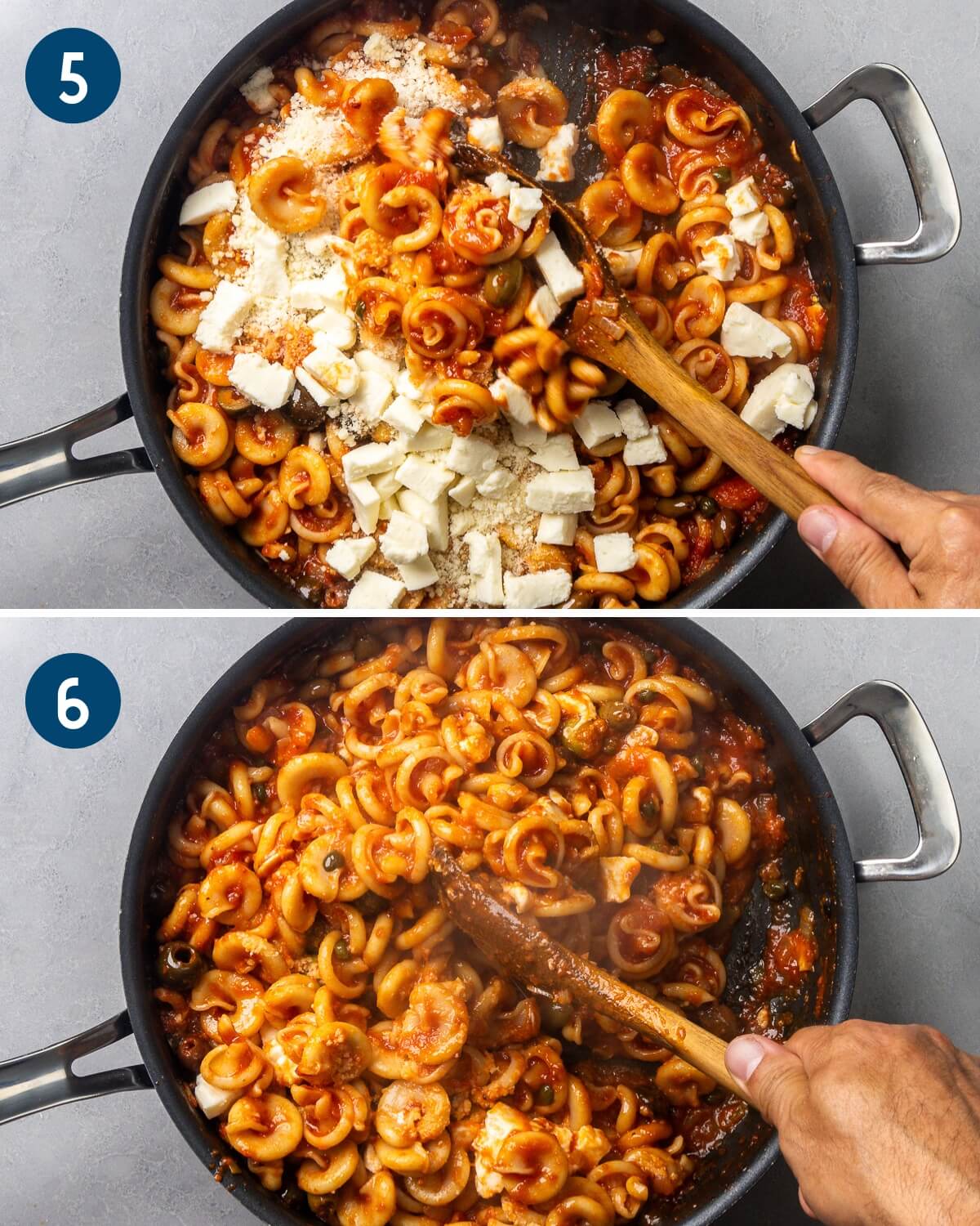 Collage two showing mixing in the mozzarella and parmesan to the pasta while off the heat.