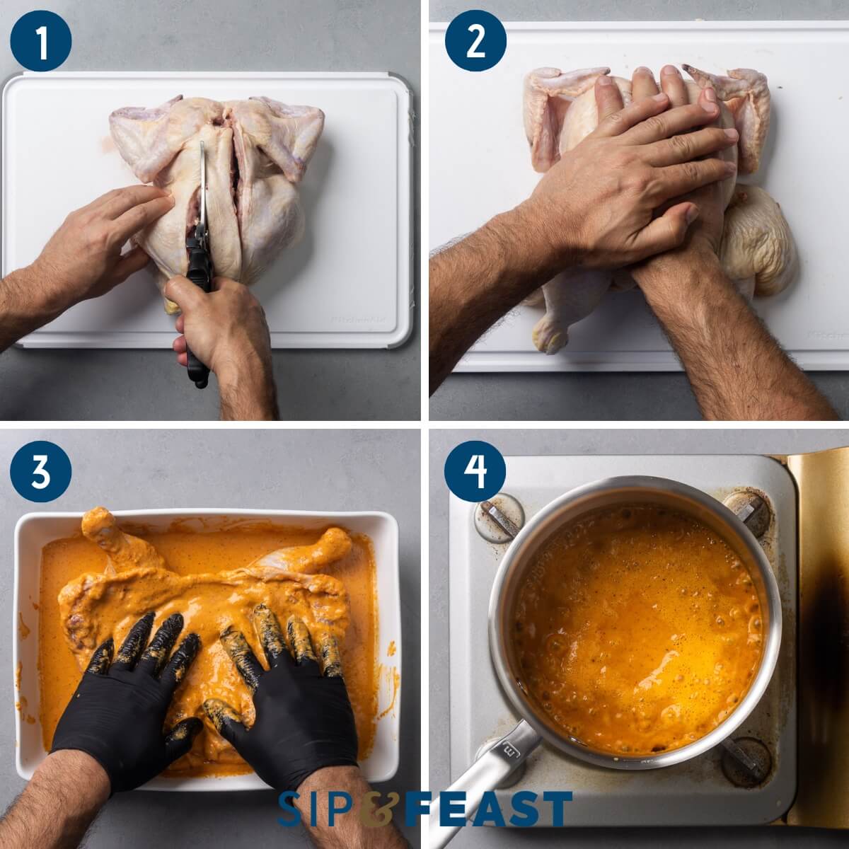 Recipe process shot collage group one showing cutting the backbone out of the chicken, flattening the chicken, marinating the chicken, and boiling the used marinade.