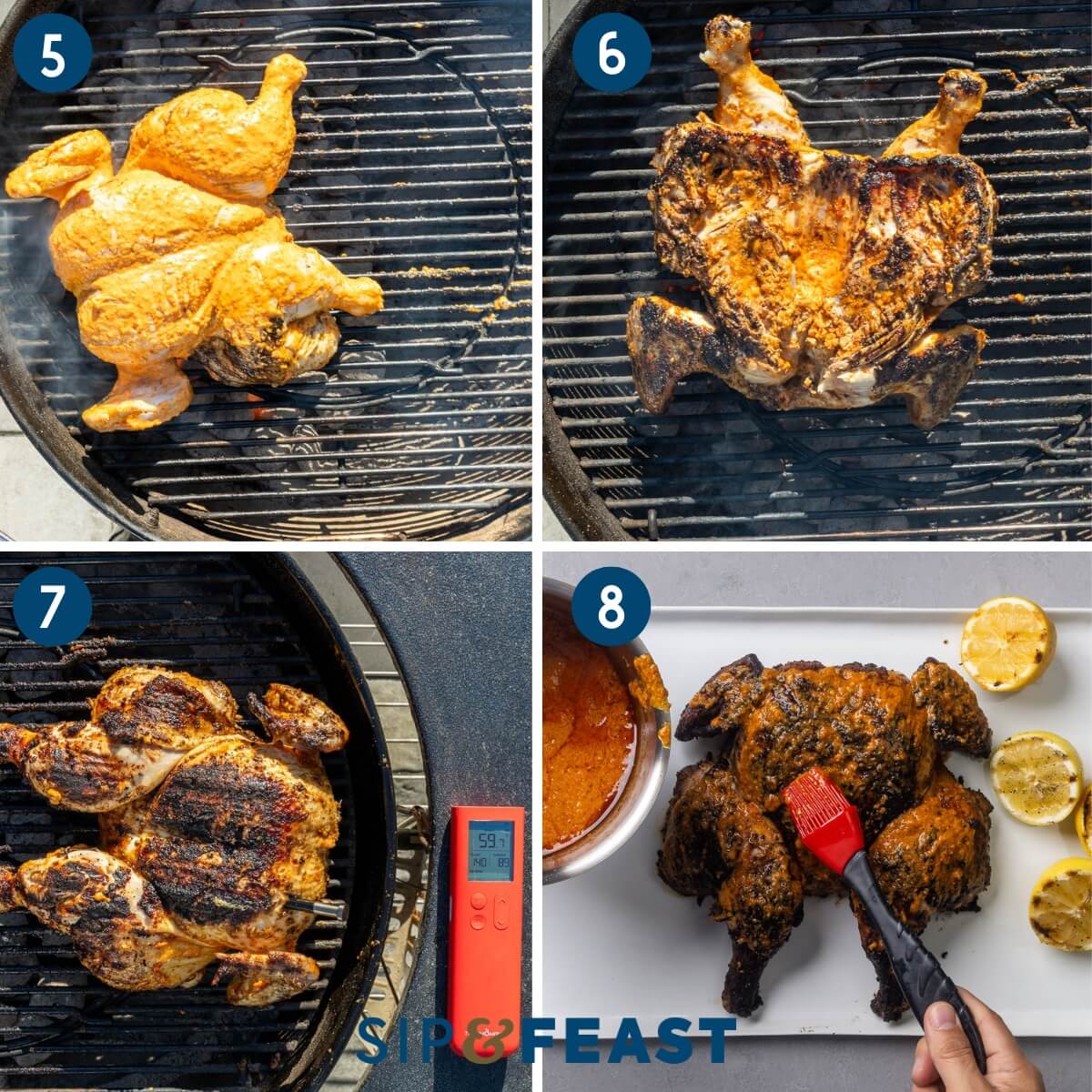 Collage two showing grilling the chicken on both sides, moving the chicken to the cool zone and probing with a thermometer, and basting the boiled sauce onto the grilled chicken.