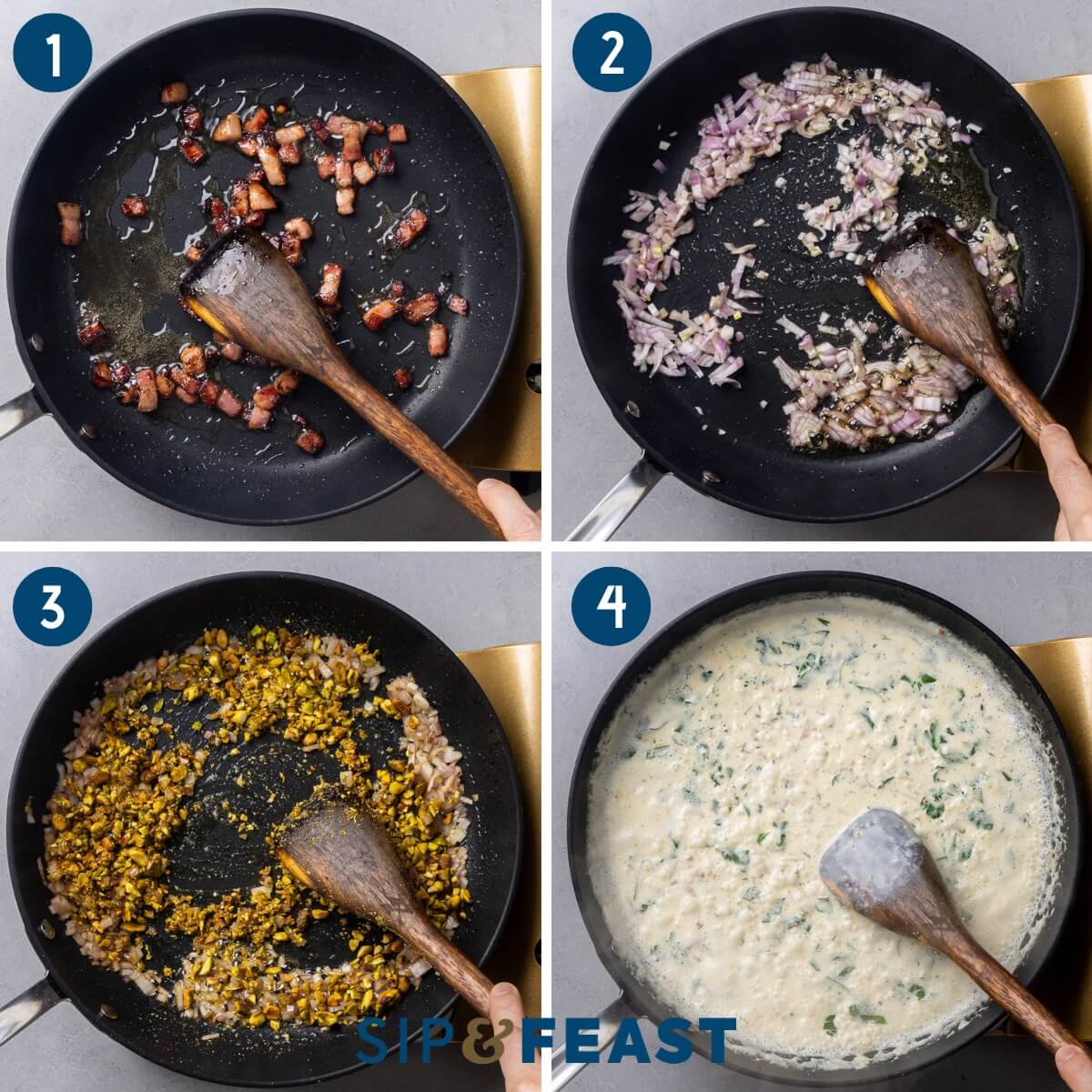 Recipe process shot collage group one showing sauteing of pancetta, sauteing the shallot, sauteing the pistachios, and simmering with cream.