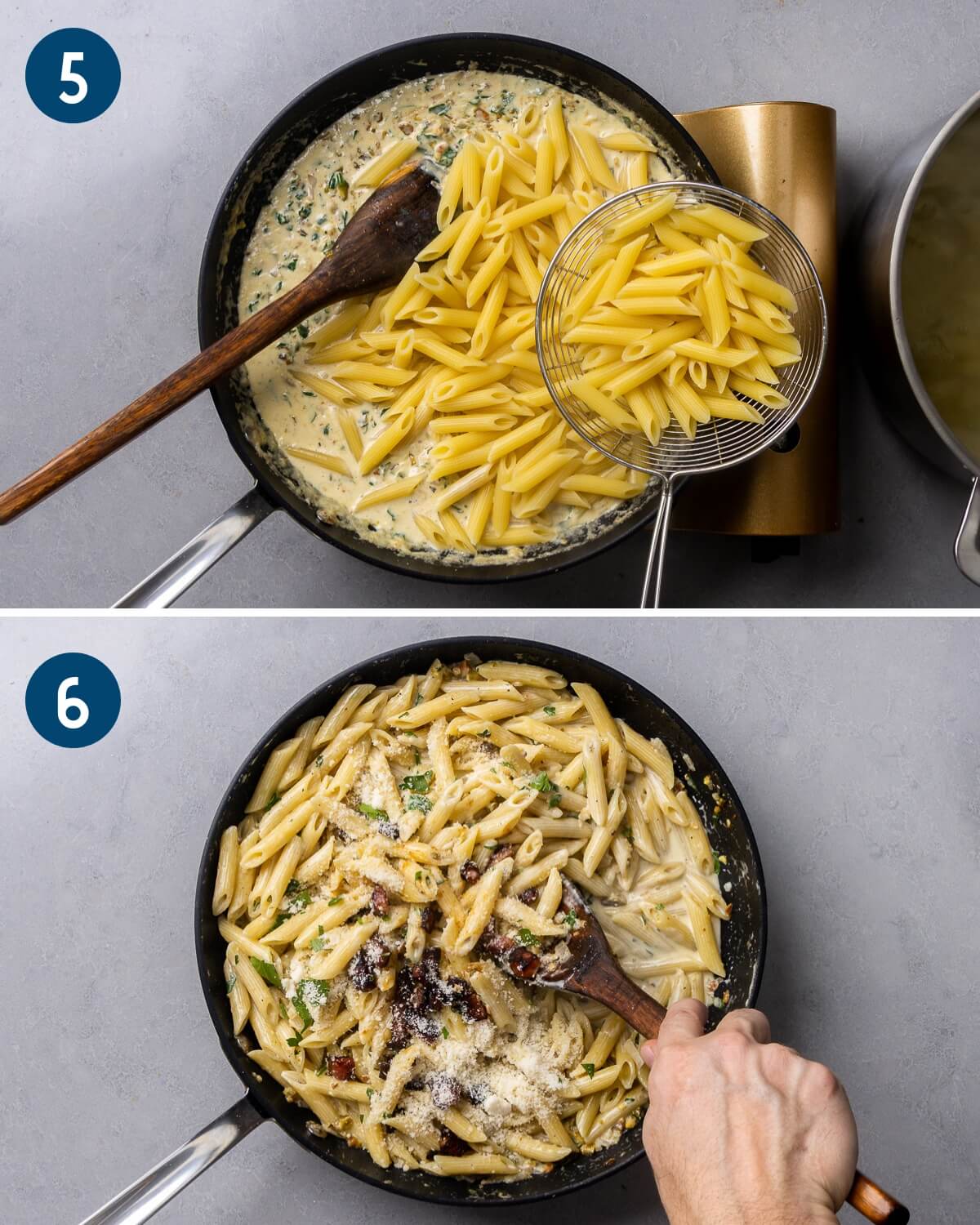Collage two showing adding the pasta to the sauce and mixing the grated cheese and parsley into the finished dish.