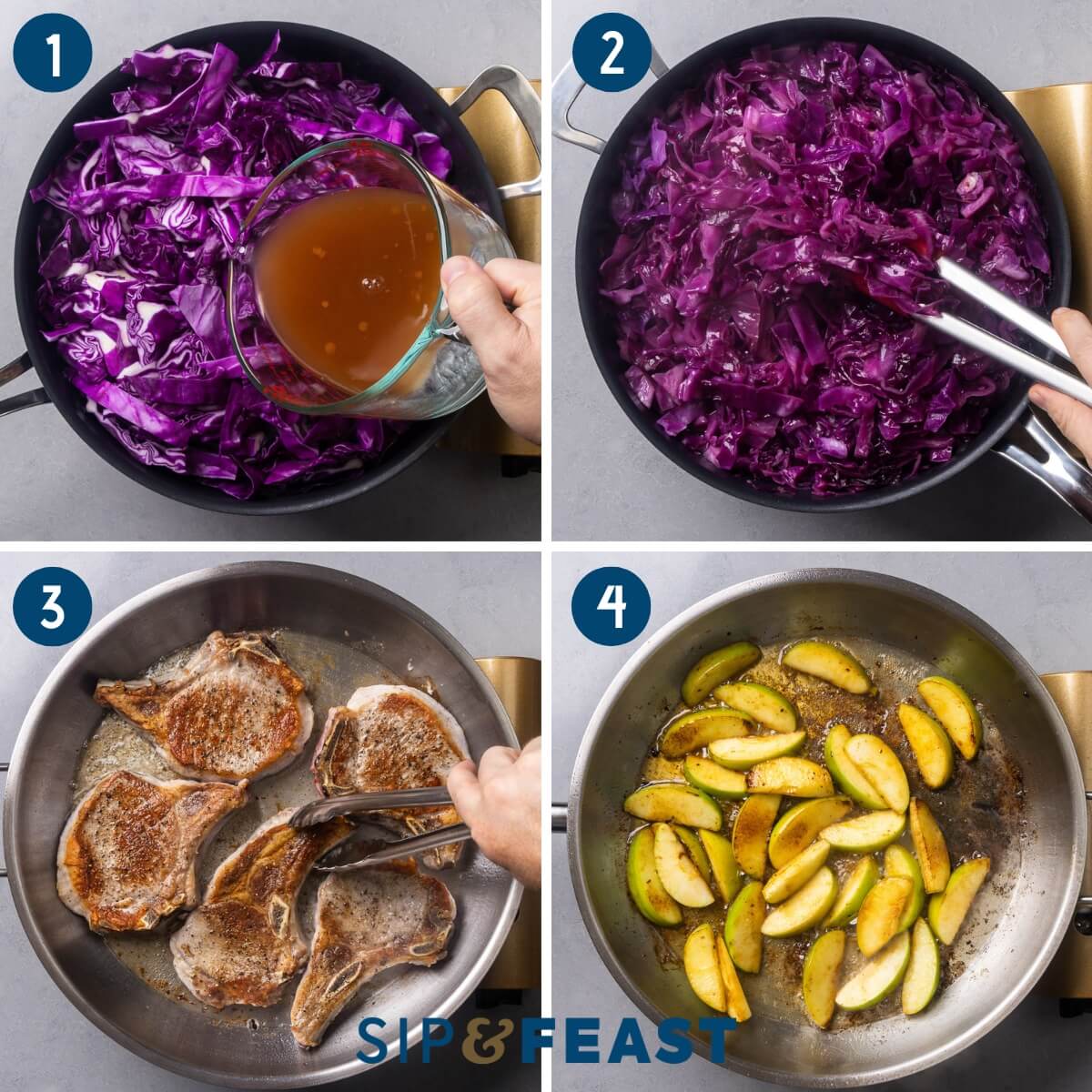 Recipe process shot collage showing pouring liquid over red cabbage, braising the red cabbage, searing the pork chops, and searing the apples.