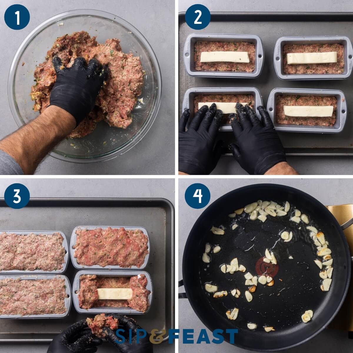 Recipe process shot collage group one showing mixing the meatloaf mix, spreading the mix into mini loaf pans and topping with mozzarella, closing up the meat around the mozzarella, and sauteing garlic in olive oil.