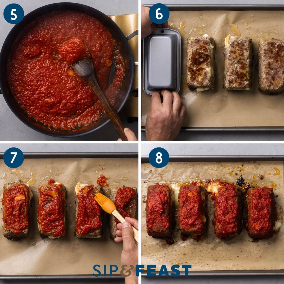 Collage two showing simmering the sauce, removing the meatloaves from their pans, spreading the sauce on top of each meatloaf, and the finished dish.
