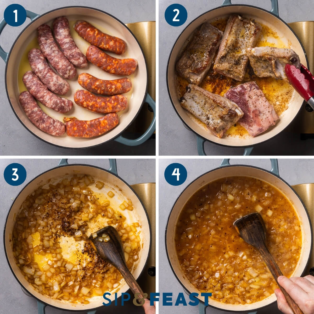 Recipe process shot collage group one showing searing the sausage, searing the ribs, sauteing the onions, and deglazing with chicken stock.