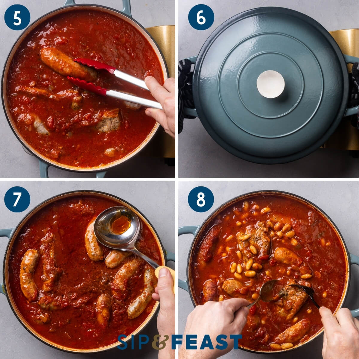 Collage two showing adding the susage and ribs to the sauce, covering the pot, removing the fat, and testing the ribs for doneness.