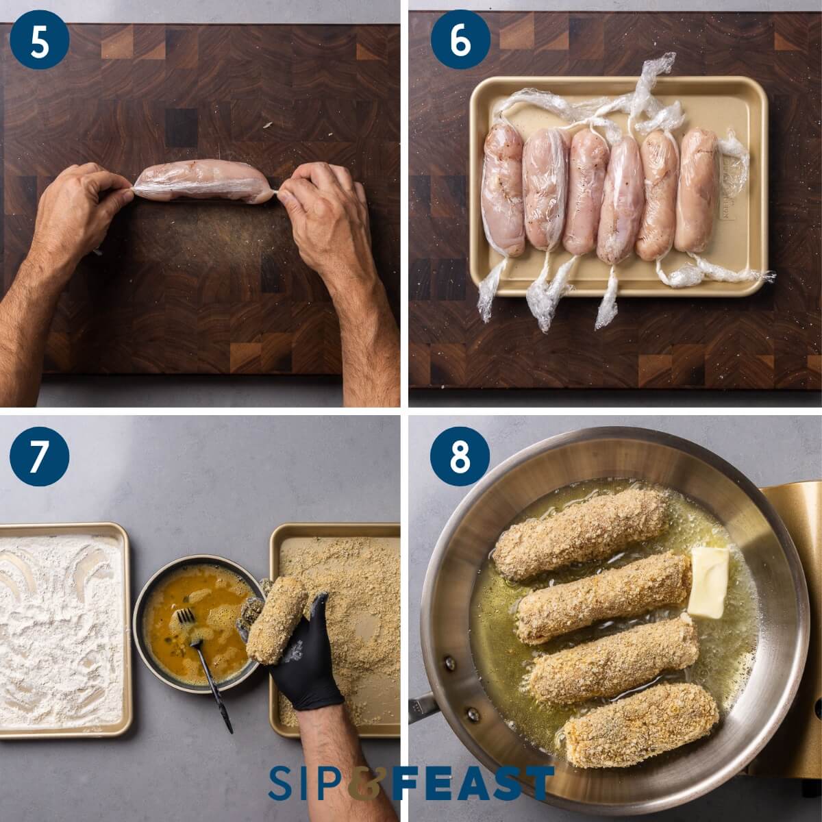 Collage two showing rolling the chicken and tightening the ends with plastic wrap, the rolled chicken pieces, breading the chicken, and frying the chicken rolls in oil and butter.