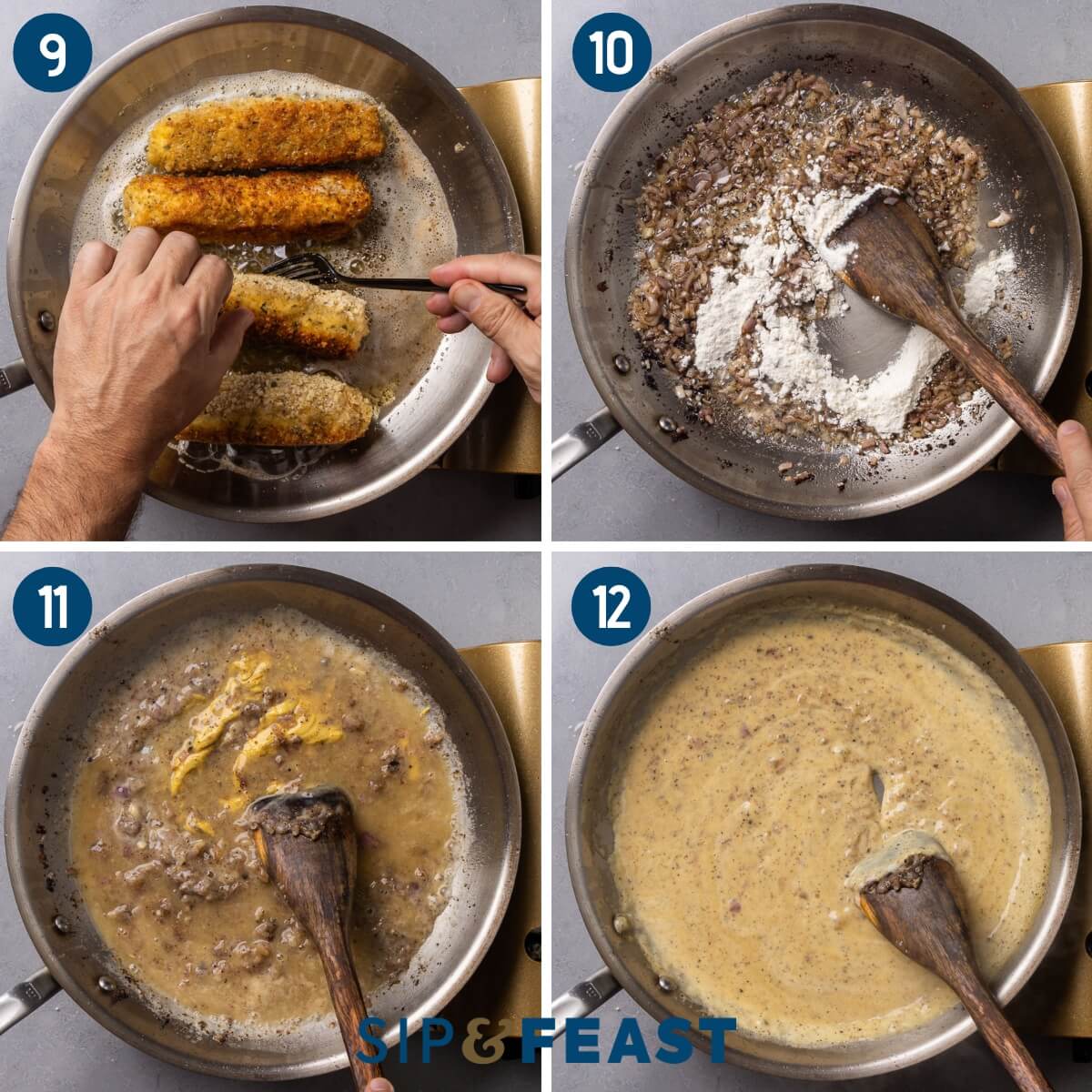 Collage three showing frying the rolls until cooked through and golden brown, sauteing the shallots and flour, mixing in the stock and Dijon mustard, and simmering the sauce after adding the cream.