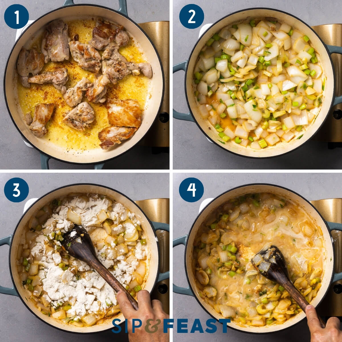 Recipe process shot collage group one showing searing the chicken thighs, sauteing the onion and celery, adding the flour, and addding the white wine.
