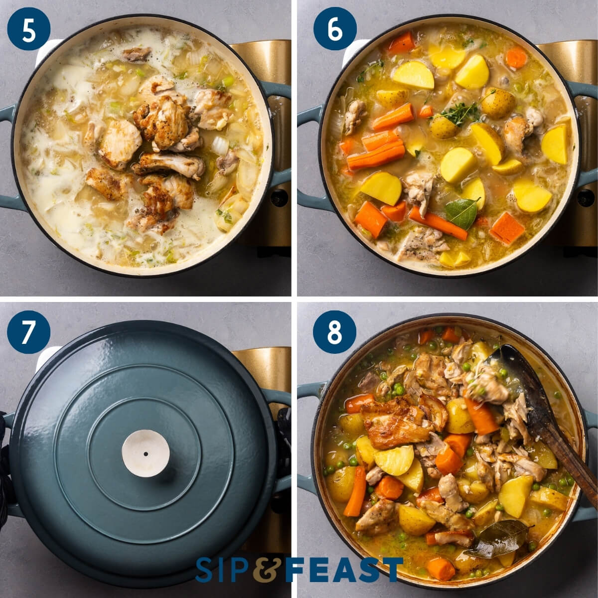 Collage two showing adding the stock and chicken thighs back to the pot, adding the vegetables and herbs, covering the pot, and the finished chicken stew.