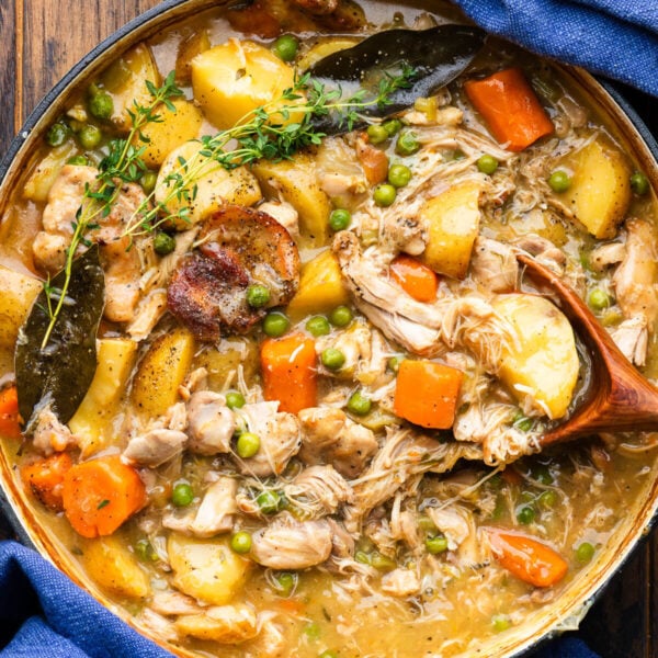 Hearty chicken potato stew in Dutch oven.