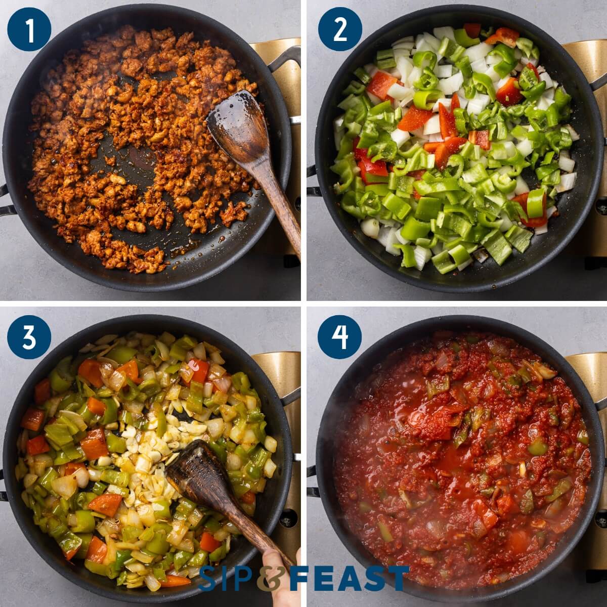 Recipe process shot collage group one showing browning the chorizo, sauteing the onions and peppers, adding the garlic, and simmering the sauce.