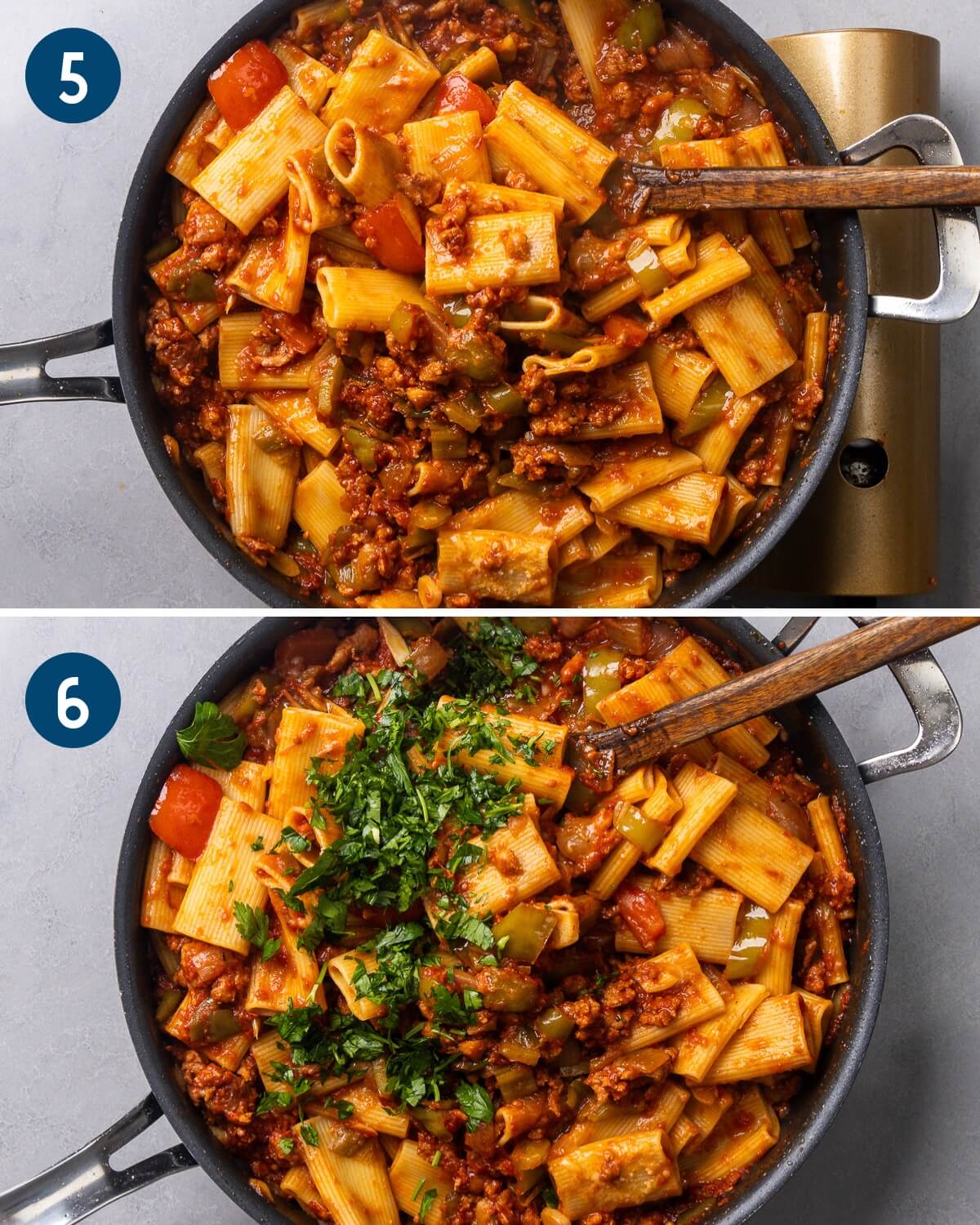 Collage two showing adding the pasta and cooking until al dente and removing the pan from the heat and finishing with parmesan cheese and parsley.