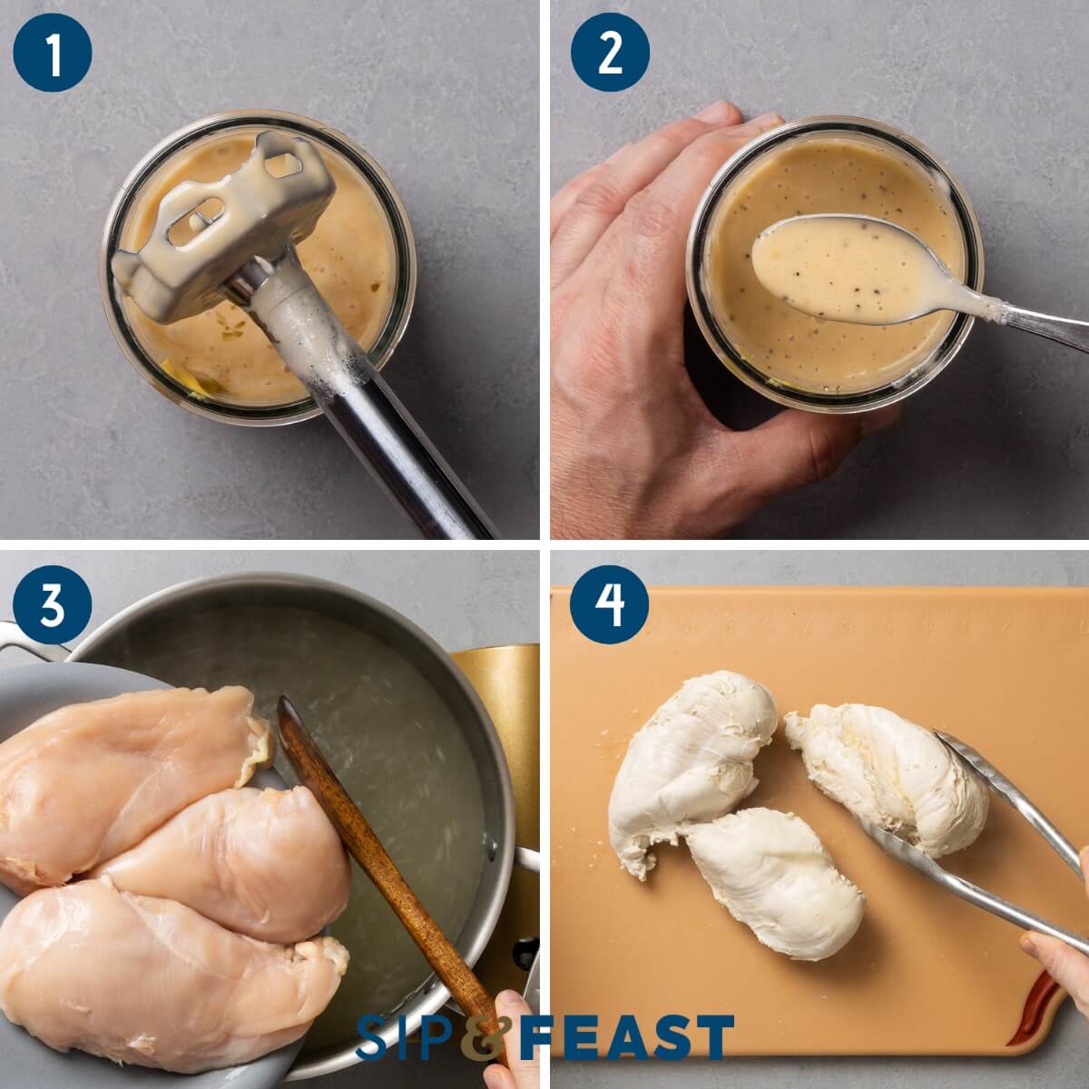 Recipe process shot collage group one showing blending the vinaigrette, poaching the chicken, and placing the poached chicken onto a cutting board.