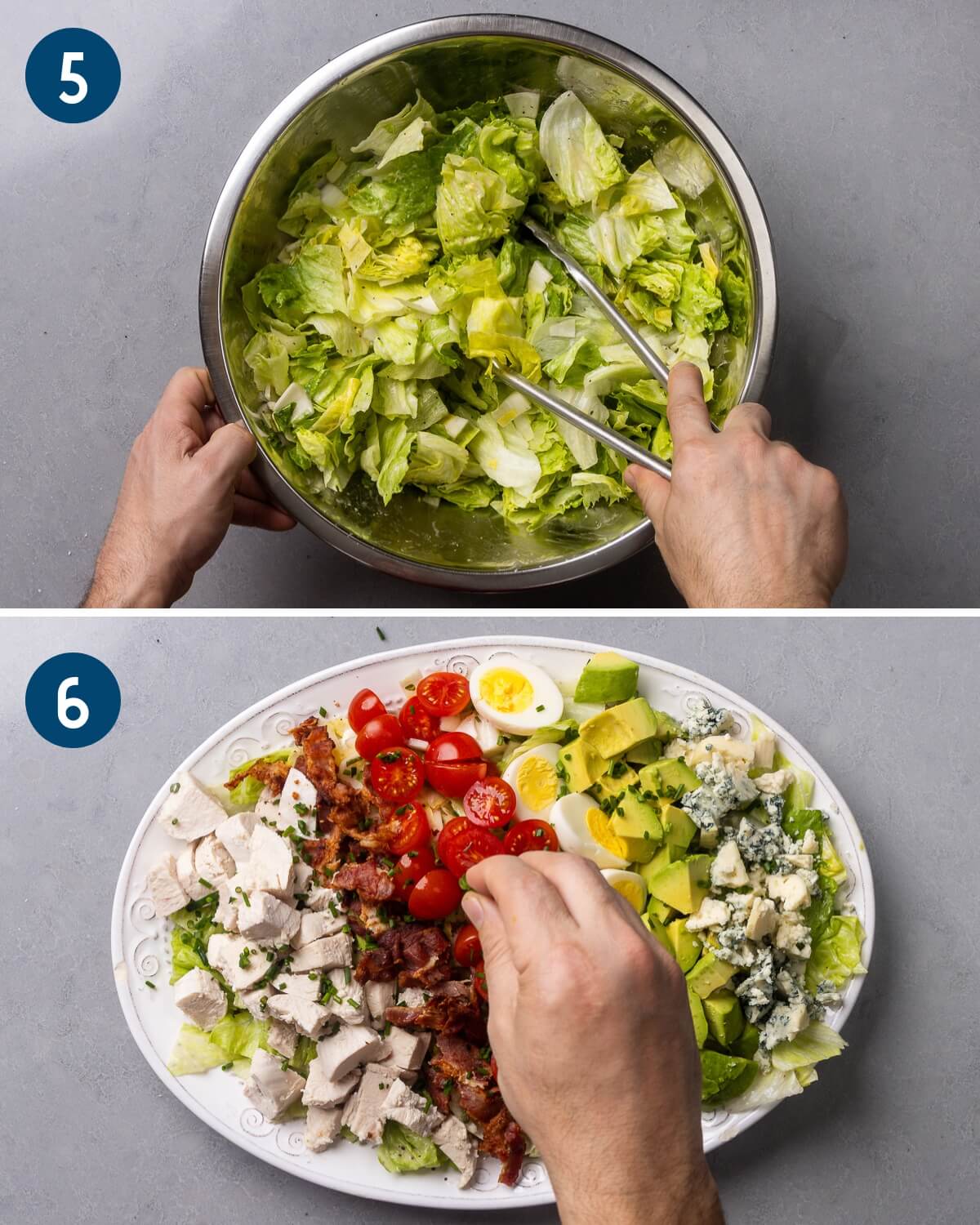 Collage two showing mixing the greens with the dressing and sprinkling chives on to the cobb salad.