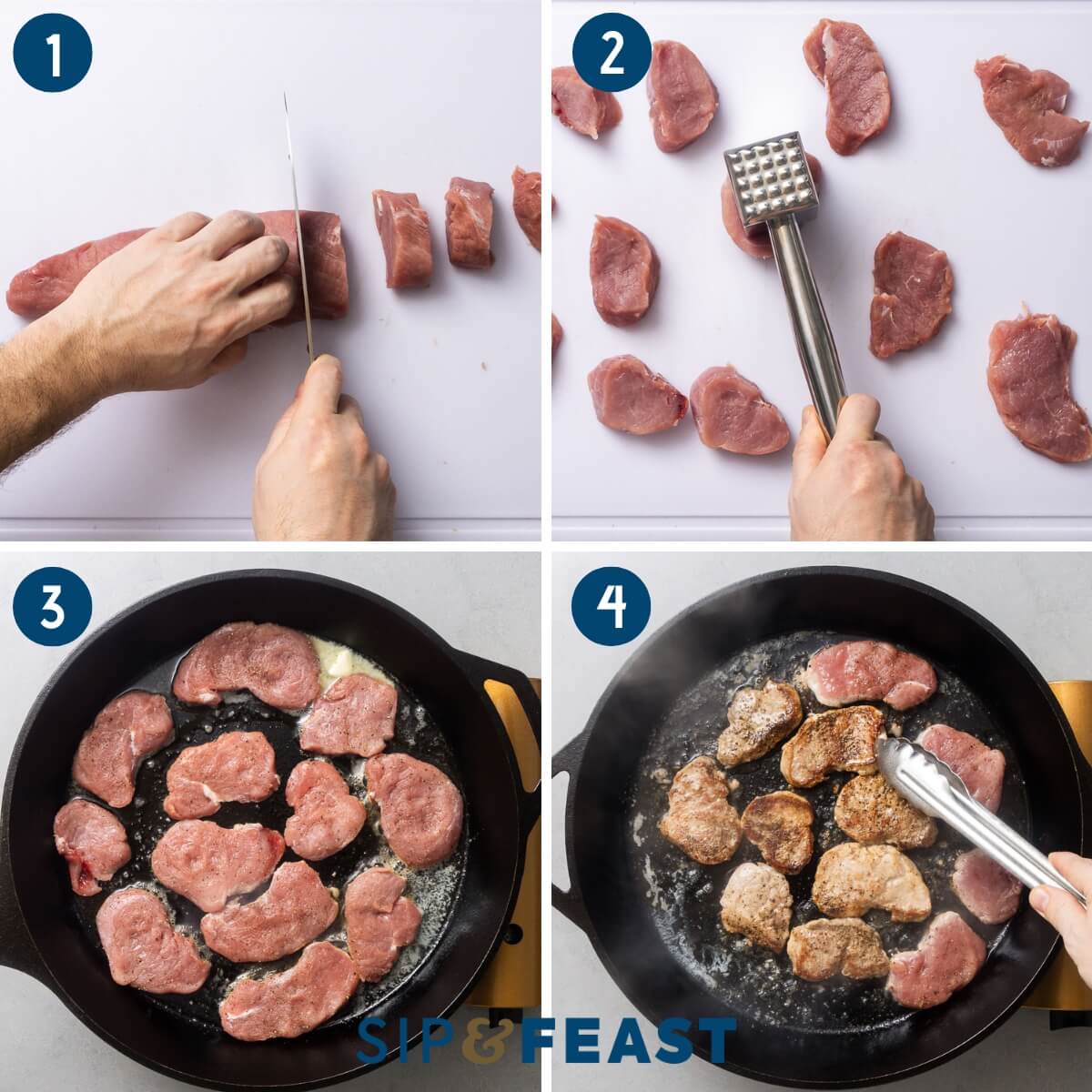 Recipe process shot collage group one showing slicing the pork tenderloin, pounding the medallions, and searing the pork in cast iron pan.