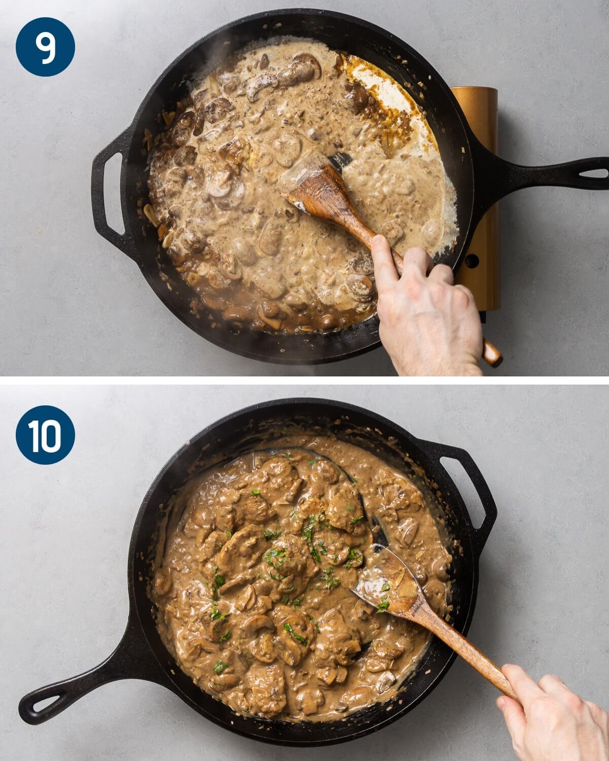 Collage three showing bringing the sauce to a simmer and adding the pork and parsley back to the sauce.