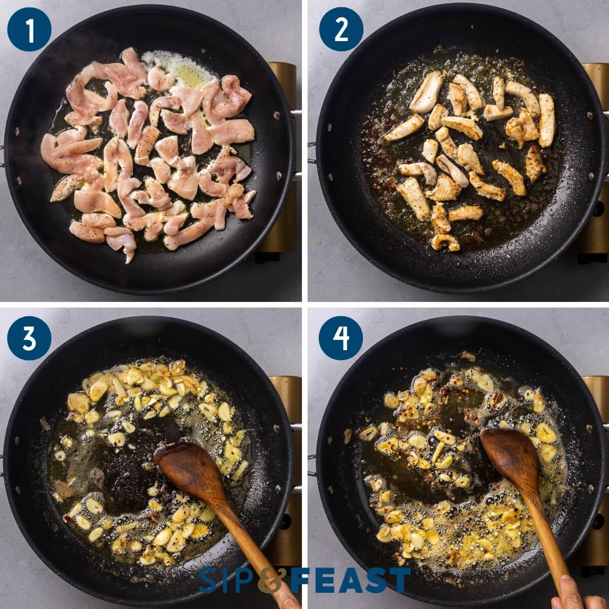 Recipe process shot collage group one showing adding the chicken to the hot pan, browing the chicken, sauteing the garlic, and adding the hot red pepper flakes.