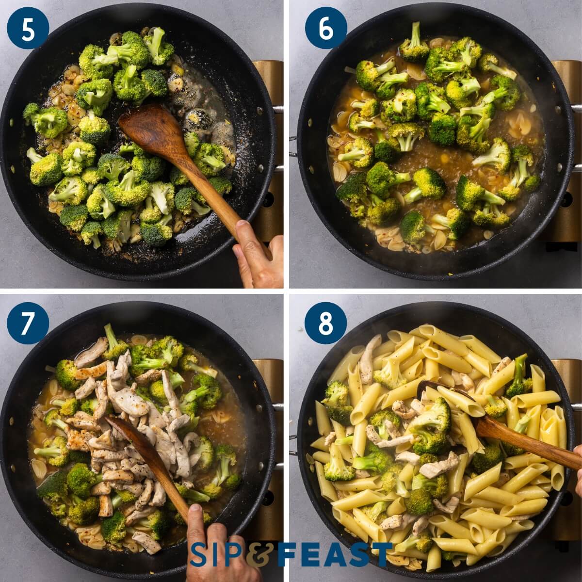 Collage two showing sauteing the broccoli florets, adding the stock and wine, returning the chicken to the pan, and mixing in the penne pasta.