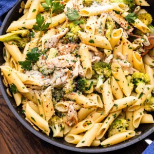 Garlic chicken and broccoli pasta topped with grated pecorino.