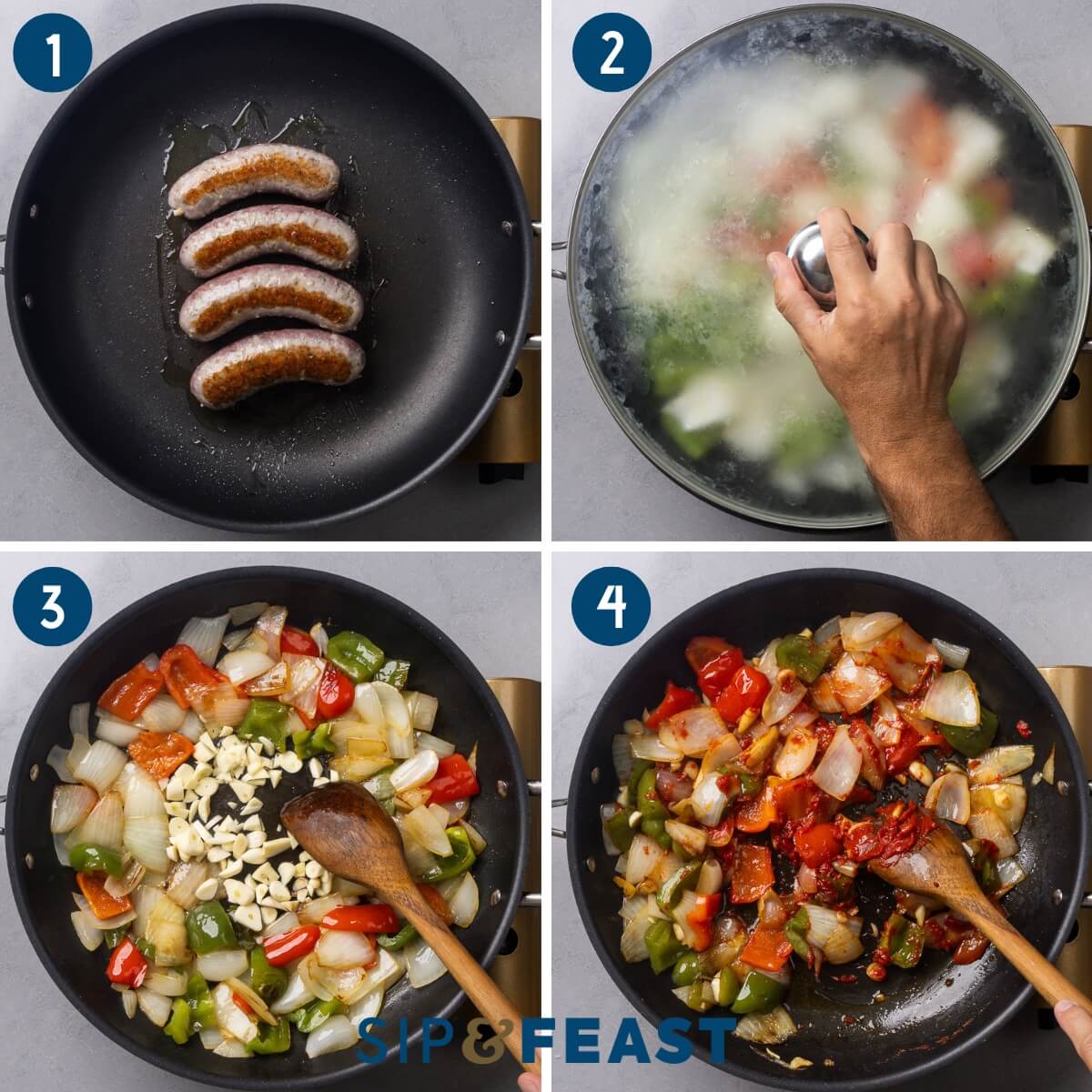 Recipe process shot collage group one showing searing the sausage, adding the peppers and onions to the pan and covering, adding the garlic, and adding the tomato paste.