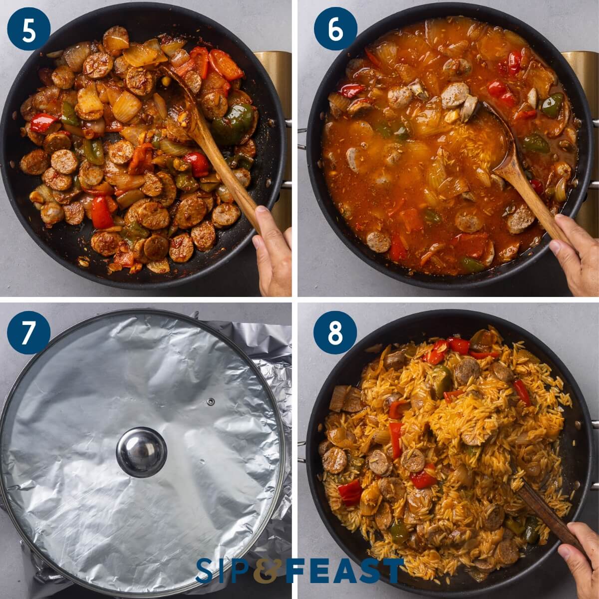 Collage two showing sauteing the sliced sausage with the tomato paste, adding the stock and orzo, covering the pan with tight fitting lid, and the finished dish.