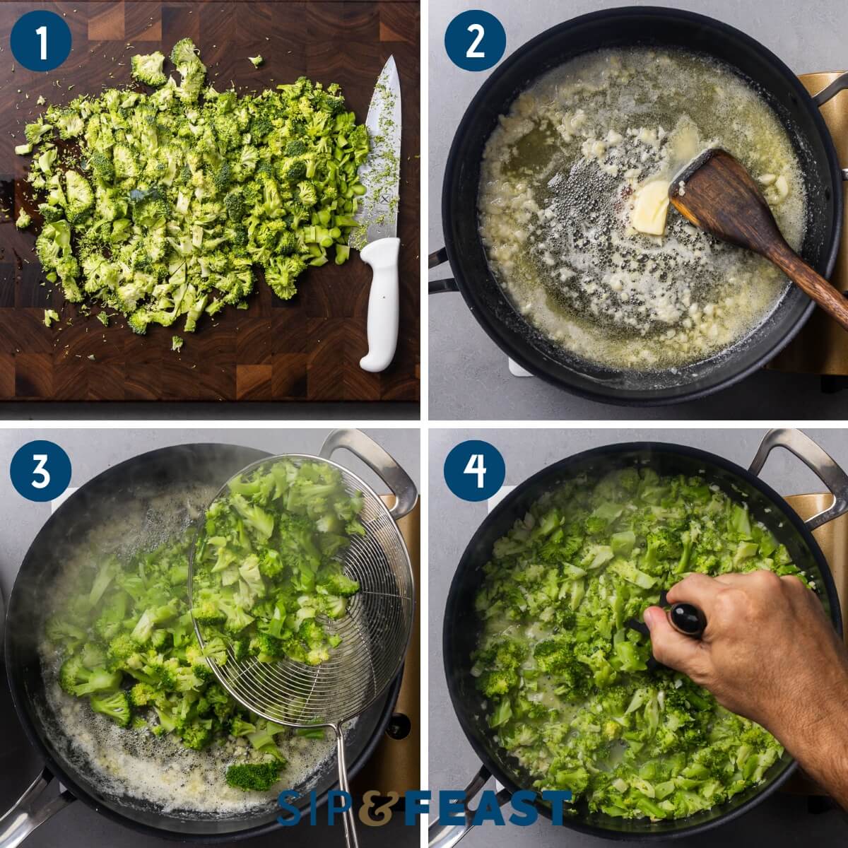 Recipe process shot collage group one showing chopping the broccoli, sauteing the garlic in butter, adding the softened broccoli to the pan, and mashing the broccoli.